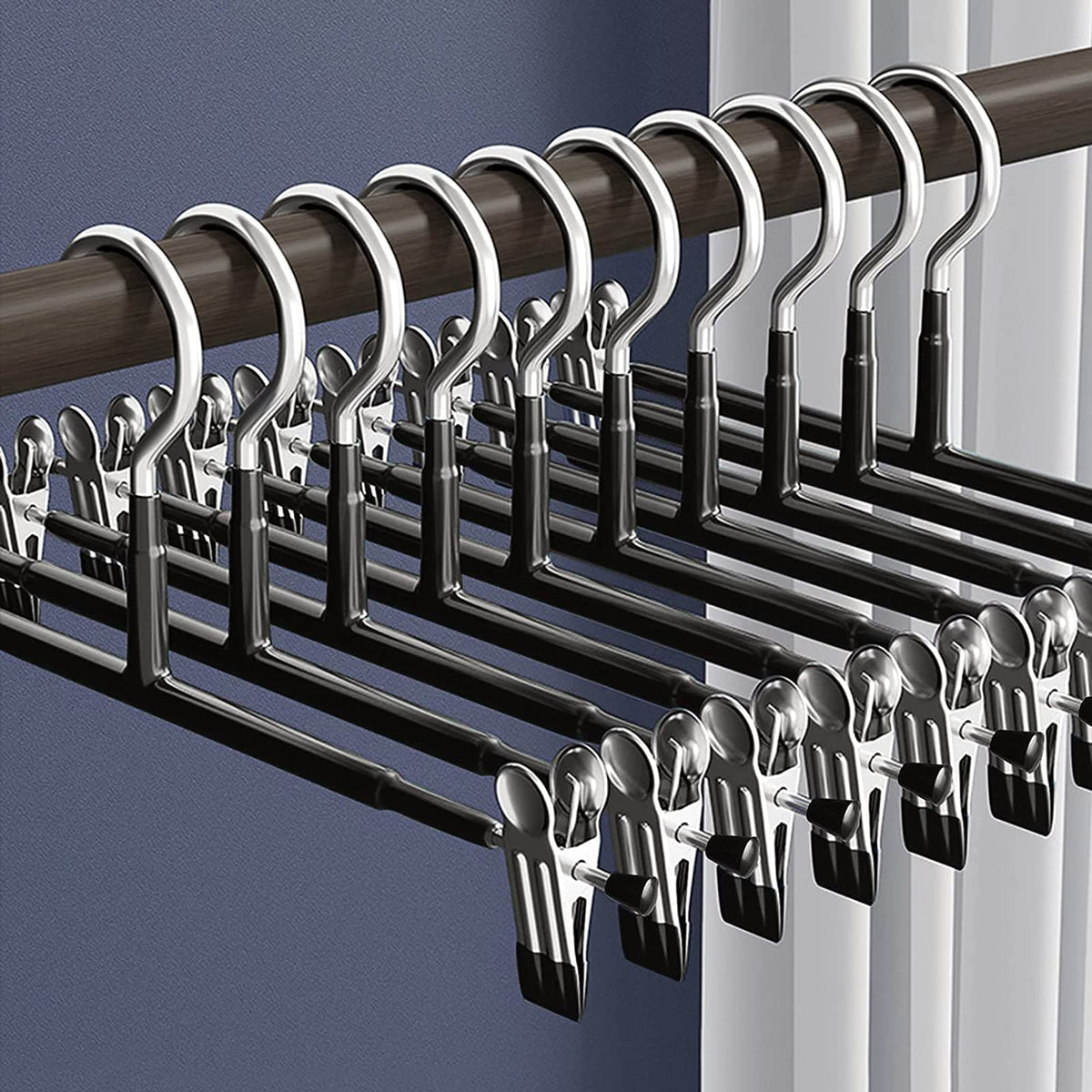 Supmaker 10 Pack Chrome Trouser Hanger,Heavy Duty Metal Pants Hangers, Skirt Hangers with Non-Slip Adjustable Clips,Space Saving Clothes Jeans