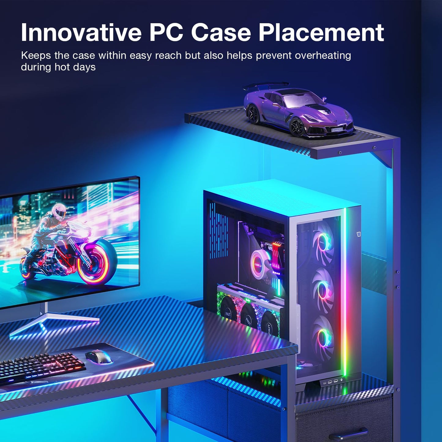 Coleshome 120×48 cm Gaming Desk with LED Lights, Carbon Fiber Black