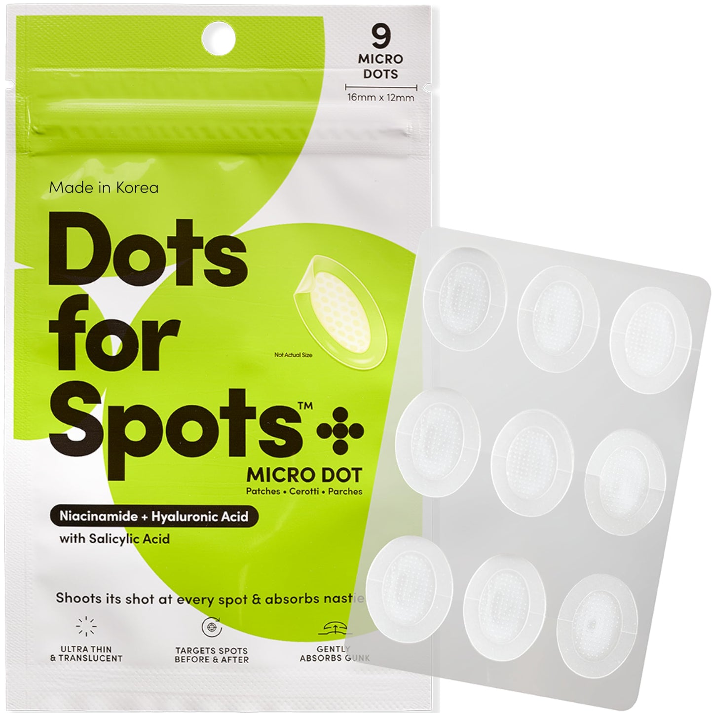 Dots for Spots Oval Pimple Patch with Micro Darts - Pack of 9 Translucent Acne Spot Treatment Stickers Infused With Niacinamide & Salicylic Acid -