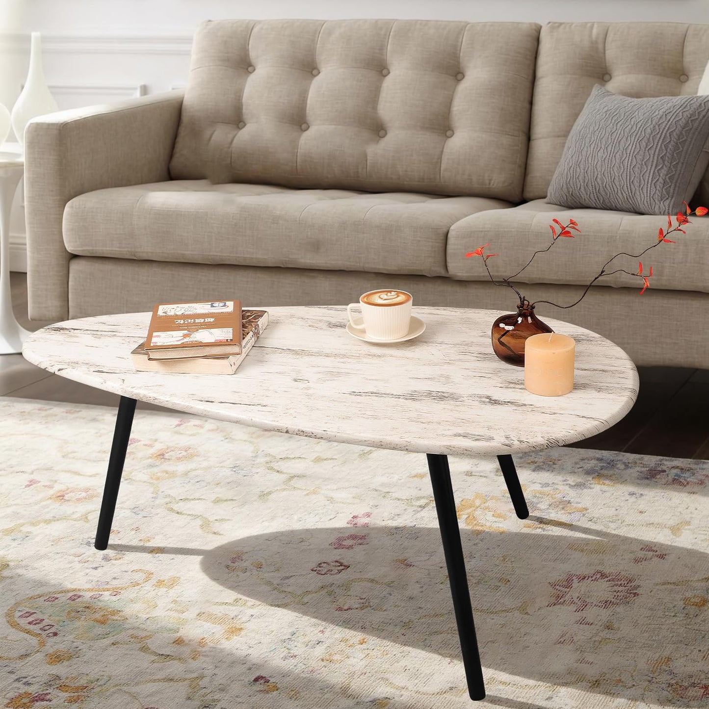 WDSHIYI Large Oval Coffee Table Espresso Wood Mid Century Modern Unique Retro Farmhouse Rustic Table for Living Room Home Office Easy Assembly Wood