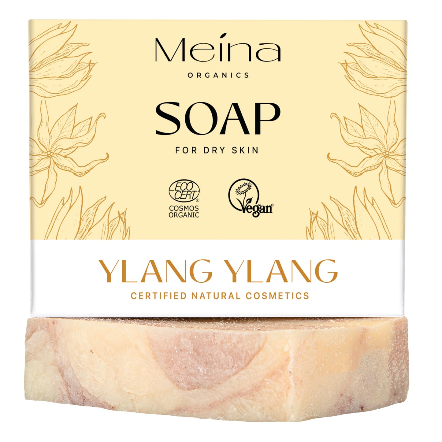 Meina Ylang Ylang Soap Bar for Dry skin, 100% Natural, Organic Certified, Without Palm Oil, Face and Body, Vegan, Plastic Free, Perfect for Travel and