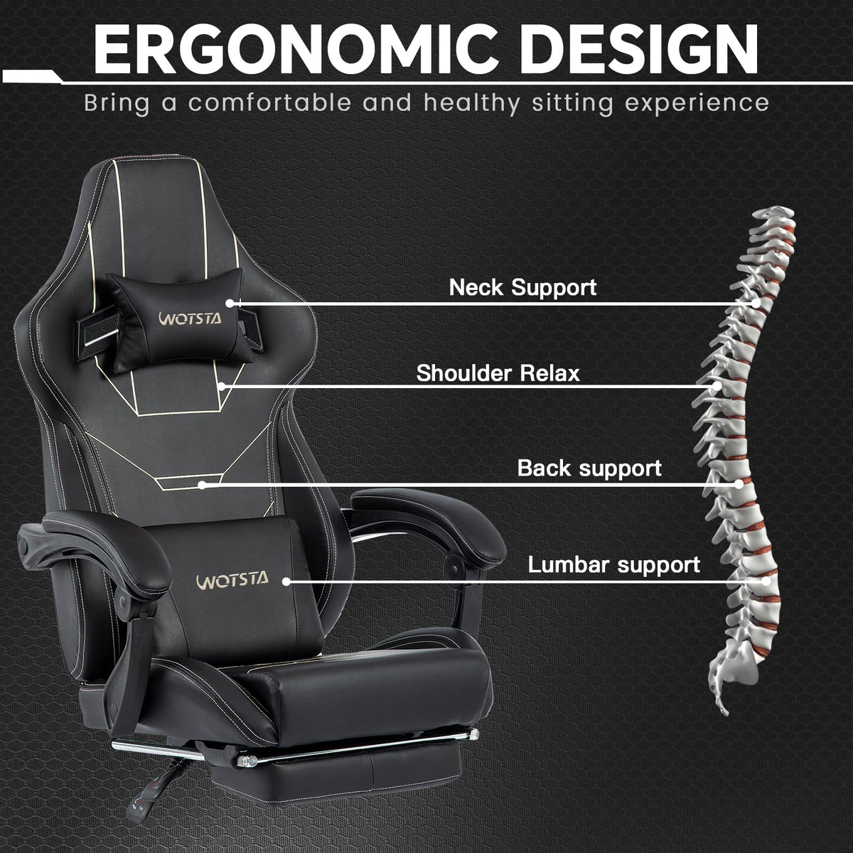 WOTSTA Gaming Chair, Ergonomic Gaming Chair, Computer Chair with Headrest and Lumbar, Racing Computer Chairs, Height Adjustable Rotating PC Chairs