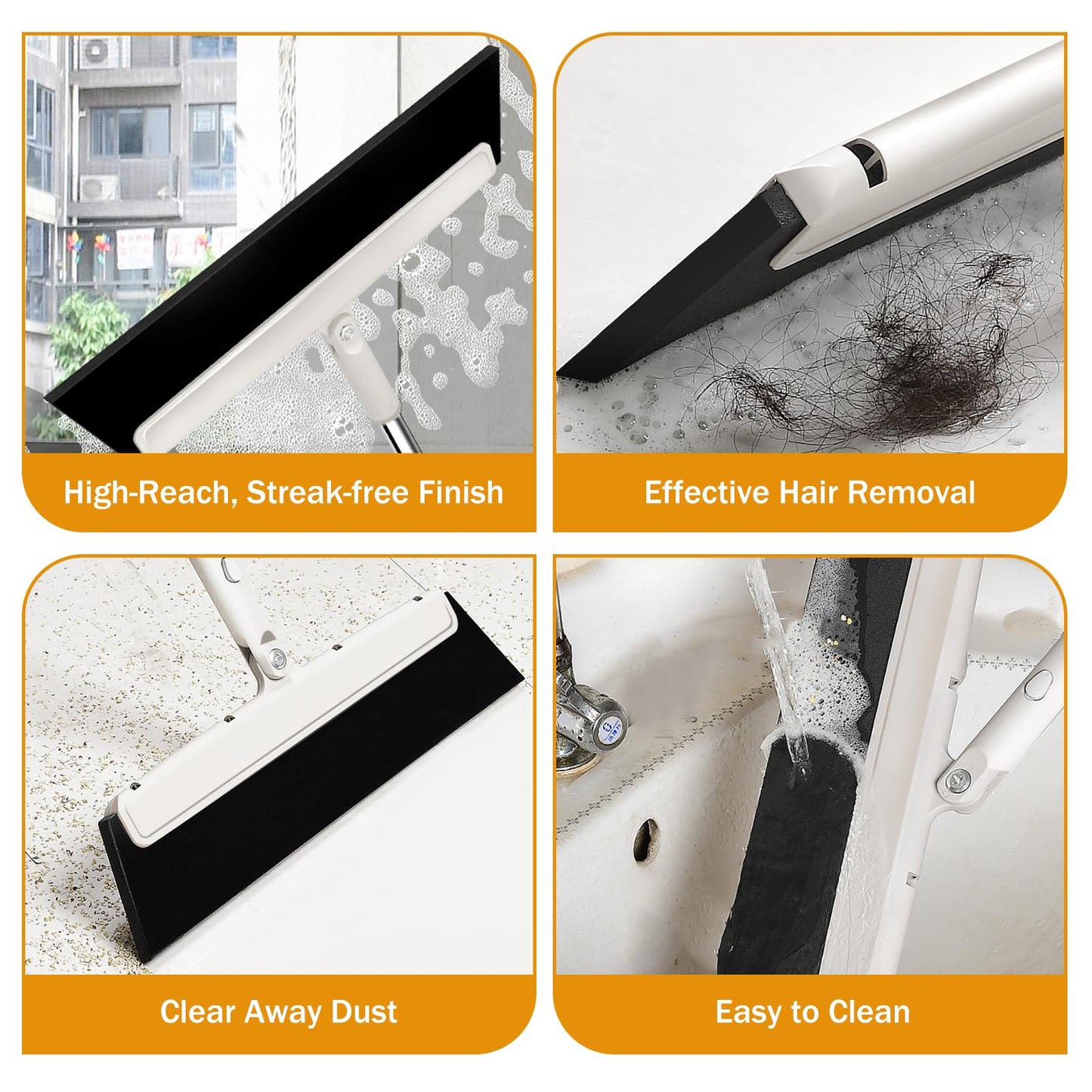 Floor Squeegee with Long Handle, Foam Squeegee Mop for Wet Room, Shower Cleaner Scraper, Floor Sweeper Wiper Broom