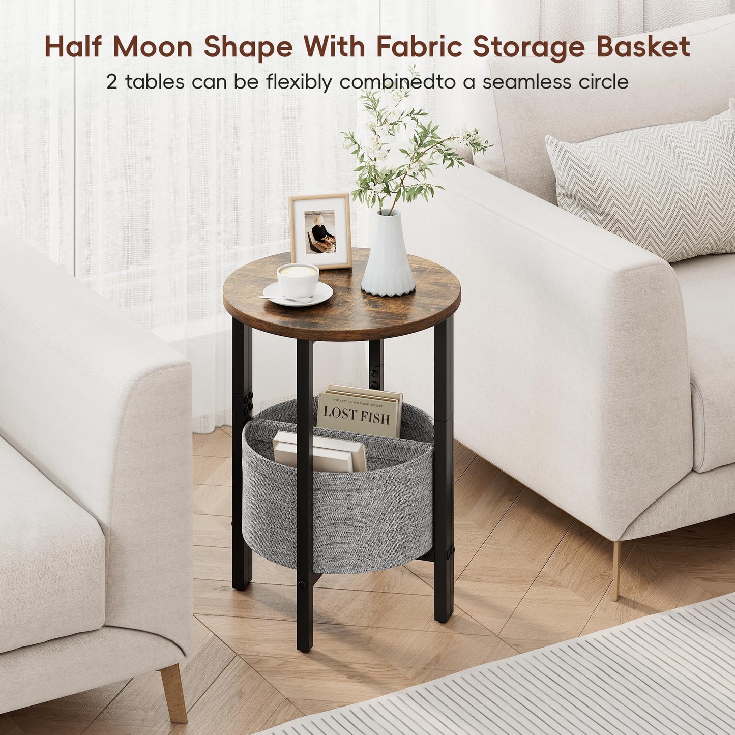 Vagusicc Side Table, Round End Table with Fabric Basket, Small Coffee Table, Set of 2 Half Moon Entry Table, Accent Table Bedside Table