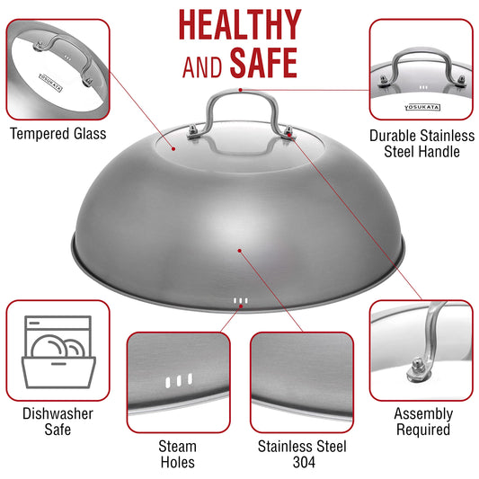 YOSUKATA Wok Lid 34.5 cm for 36 cm Wok - Premium Stainless Pan Cover - Tempered Glass Insert Steam Holes - Ergonomic Handle - Durable Asian