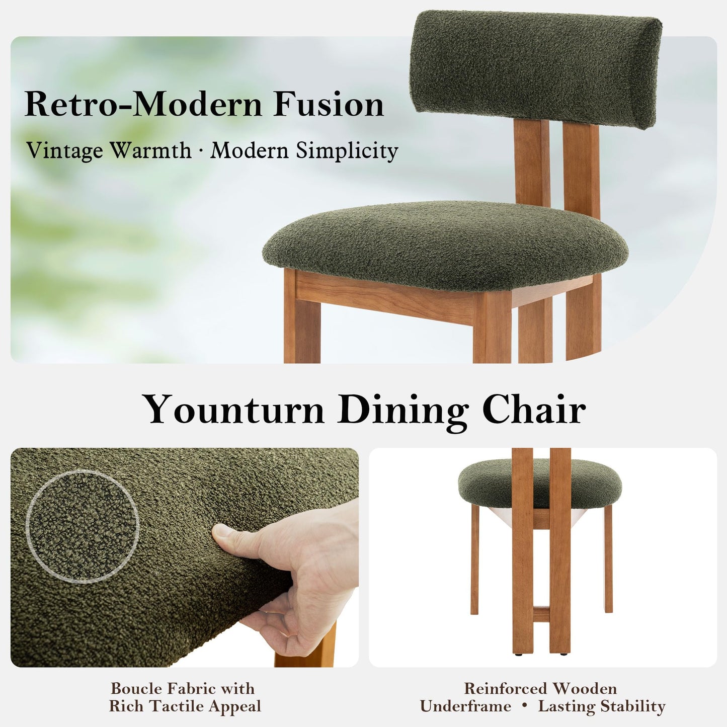 younturn Retro Mid Century Dining Chairs Set of 2, Boucle Upholstered Seats with Backrest and Solid Wooden Legs, Kitchen Chairs for Dining Room