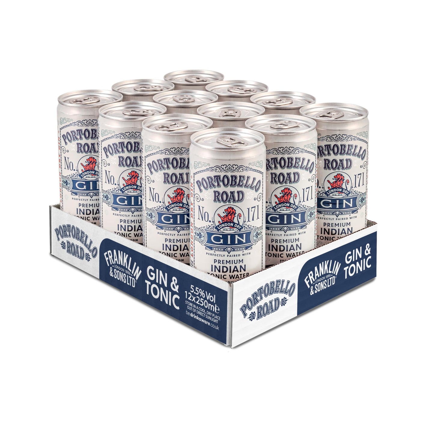 Portobello Road Gin & Franklin & Sons Natural Indian Tonic Water | 5.5% ABV 12 x 250ml Case | Premium Gin & Tonic Cans | Pre-Mixed & Ready to Drink