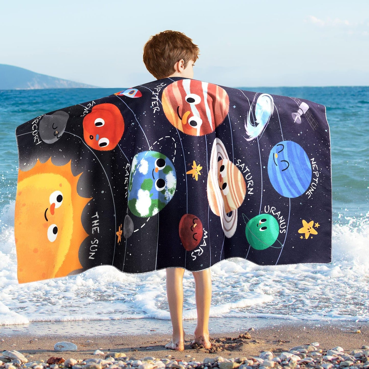 WERNNSAI Planet Kids Beach Towel for Boys - 76 x 150cm Planet Sand Free Swim Towels for Boys Bath Pool Camping Travel Towel Quick Dry Ultra Absorbent