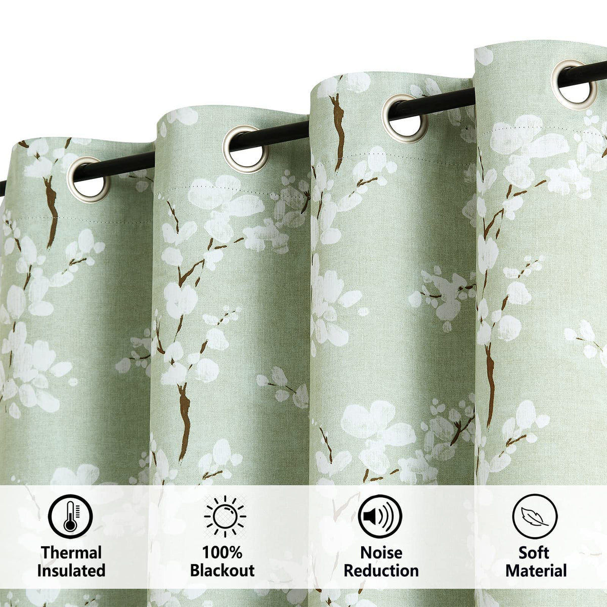 Fmfunctex Green Floral Blackout Curtains for Bedroom 90 inch Drop Eyelet Curtains for Living Room Nursary Blossom Thermal Insulated Window Curtain