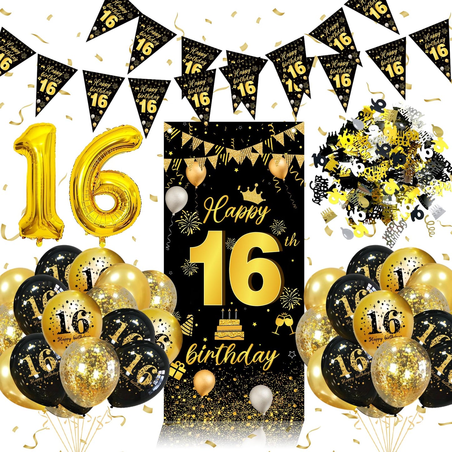 16th Birthday Decorations for Boys Girls, 16th Birthday Balloons Black Gold with 16 Balloons, Triangle Flag Banner, Banner | 16 Year Old Party