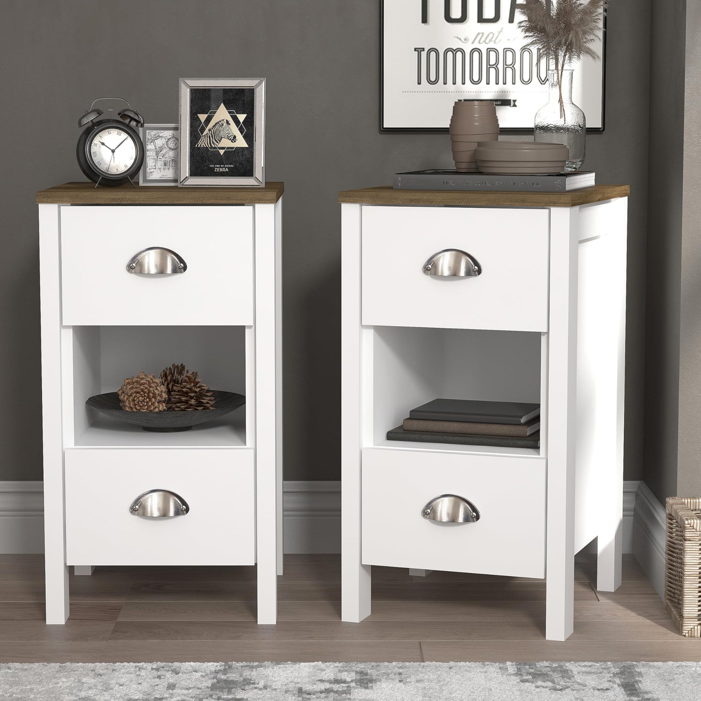 Galano Gemma 2pcs Bedside Table ? Stylish 2 Drawer Side Tables with Storage ? Storage Cabinets for Bedroom, Hallway, or Entryway ? White/Oak