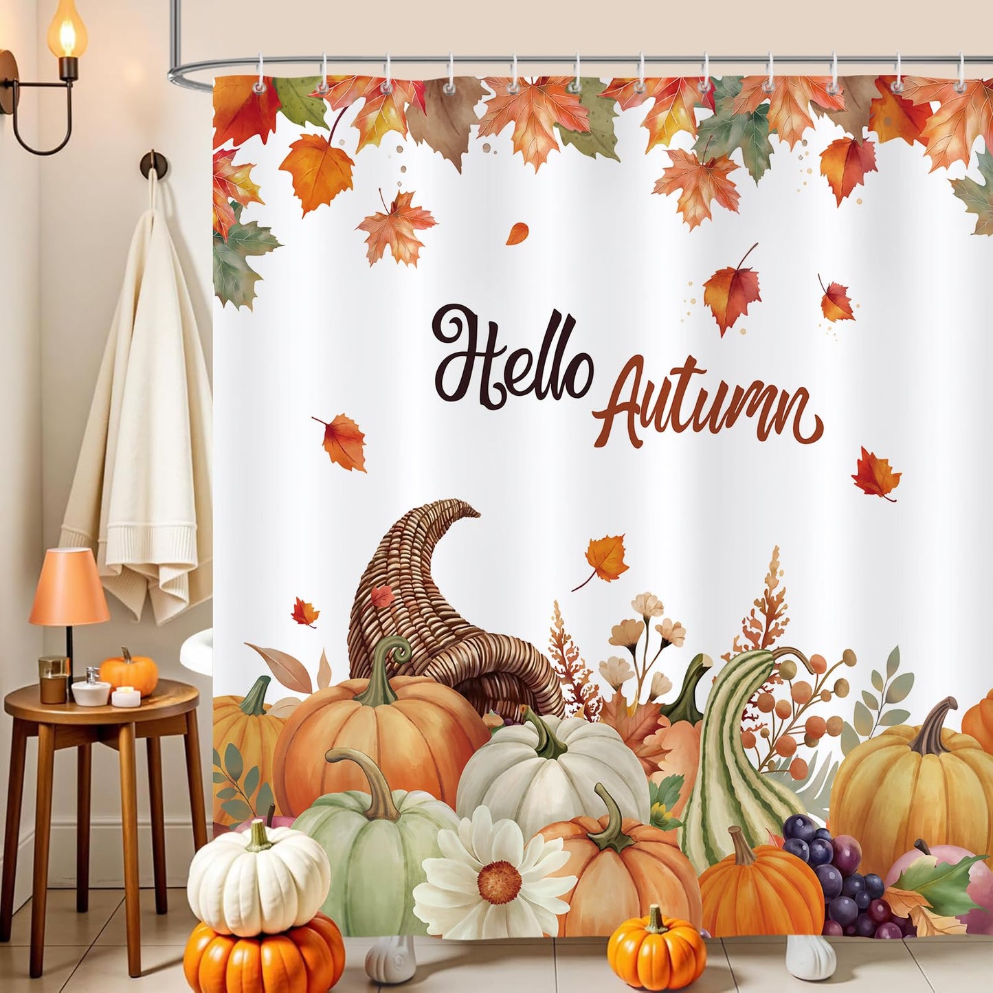 COZZSNUGE Autumn Pumpkin Shower Curtain, Maple Leaves Fruits Fall Thanksgiving Bathroom Curtain 183 x 183 cm, Water Repellent Mildew Resistant