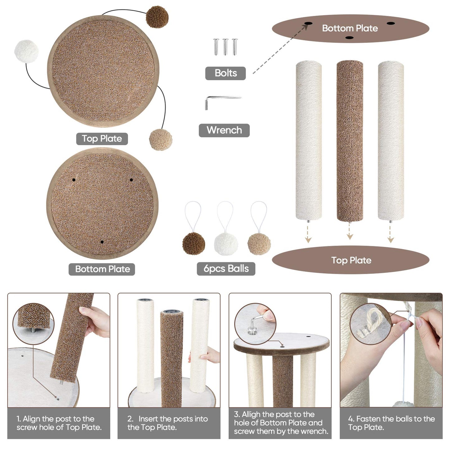 Aibuddy Cat Scratching Post, Scratching Tower with 3 Scratcher Posts?Carpeted Base Play Area and Perch (Cat Interactive Toys, Dangling Ball,East to