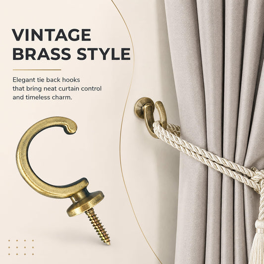 Brass Tie Back Hooks for Curtains: 2 Pcs Vintage Brass Wall Hooks for Curtains - Heavy Duty Metal Tieback Holders for Window and Shower Curtain