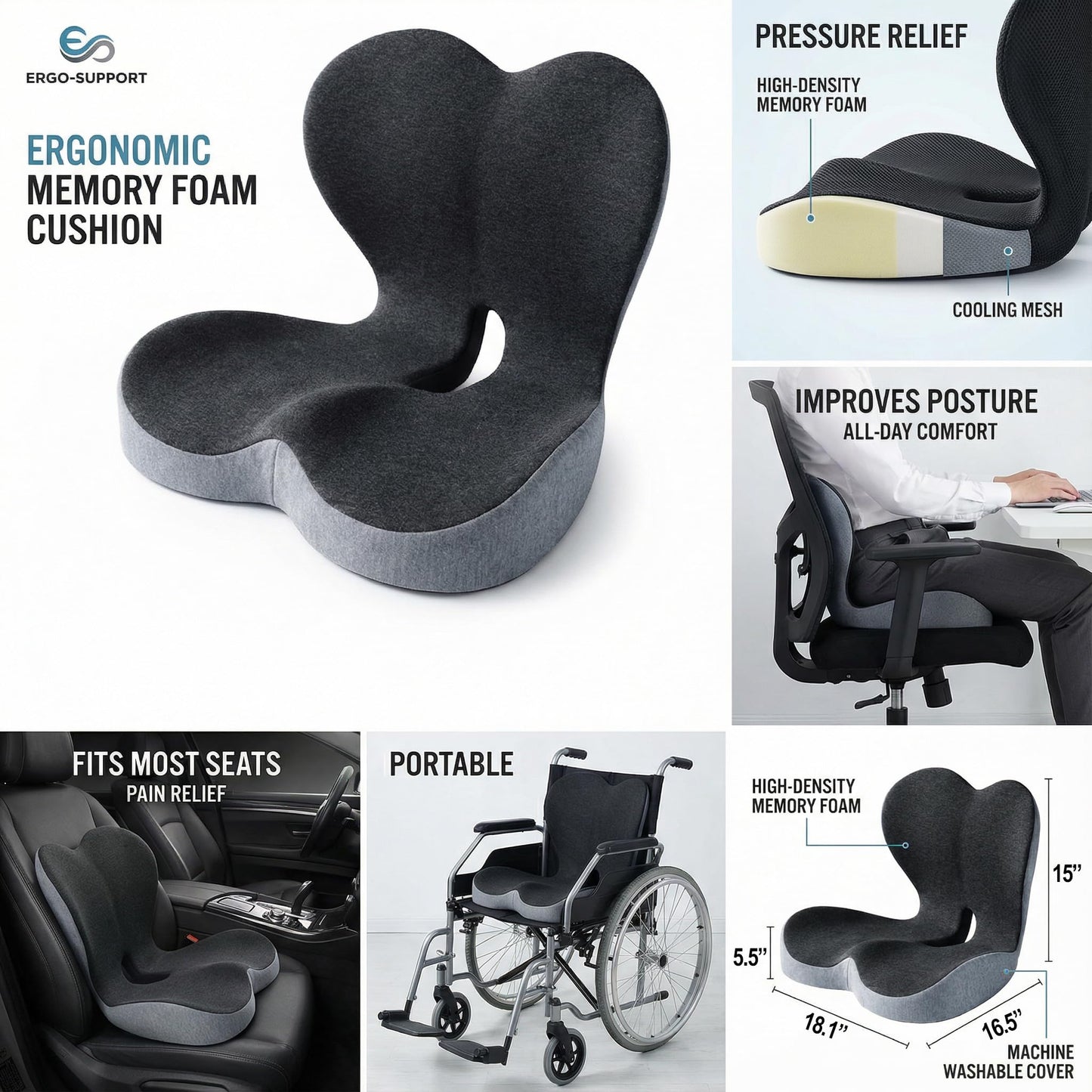 WHOCRAZY Memory Foam Seat Cushion for Office Chair & Car Seat, Ergonomic Coccyx Cushion for Tailbone & Sciatica Pain Relief