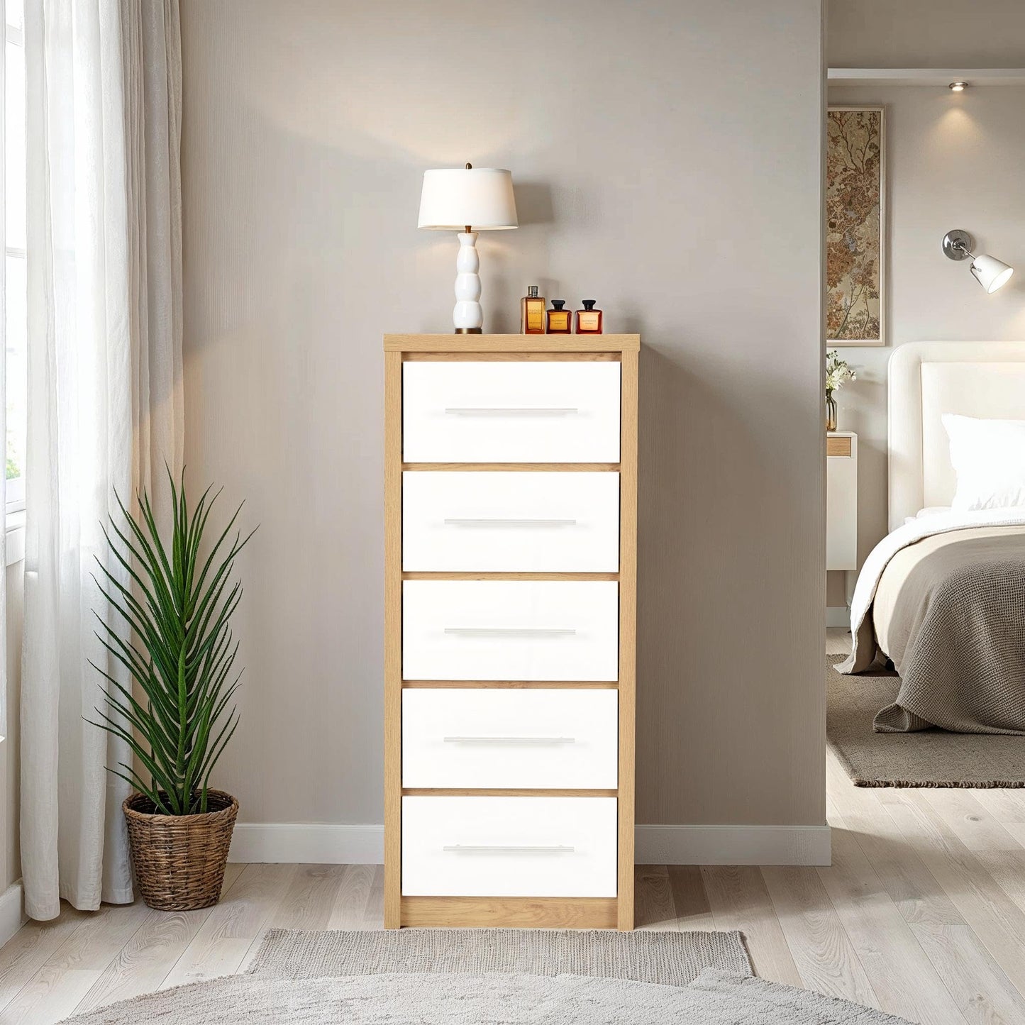 Seconique Seville 5 Drawer Narrow Chest in White Gloss/Light Oak