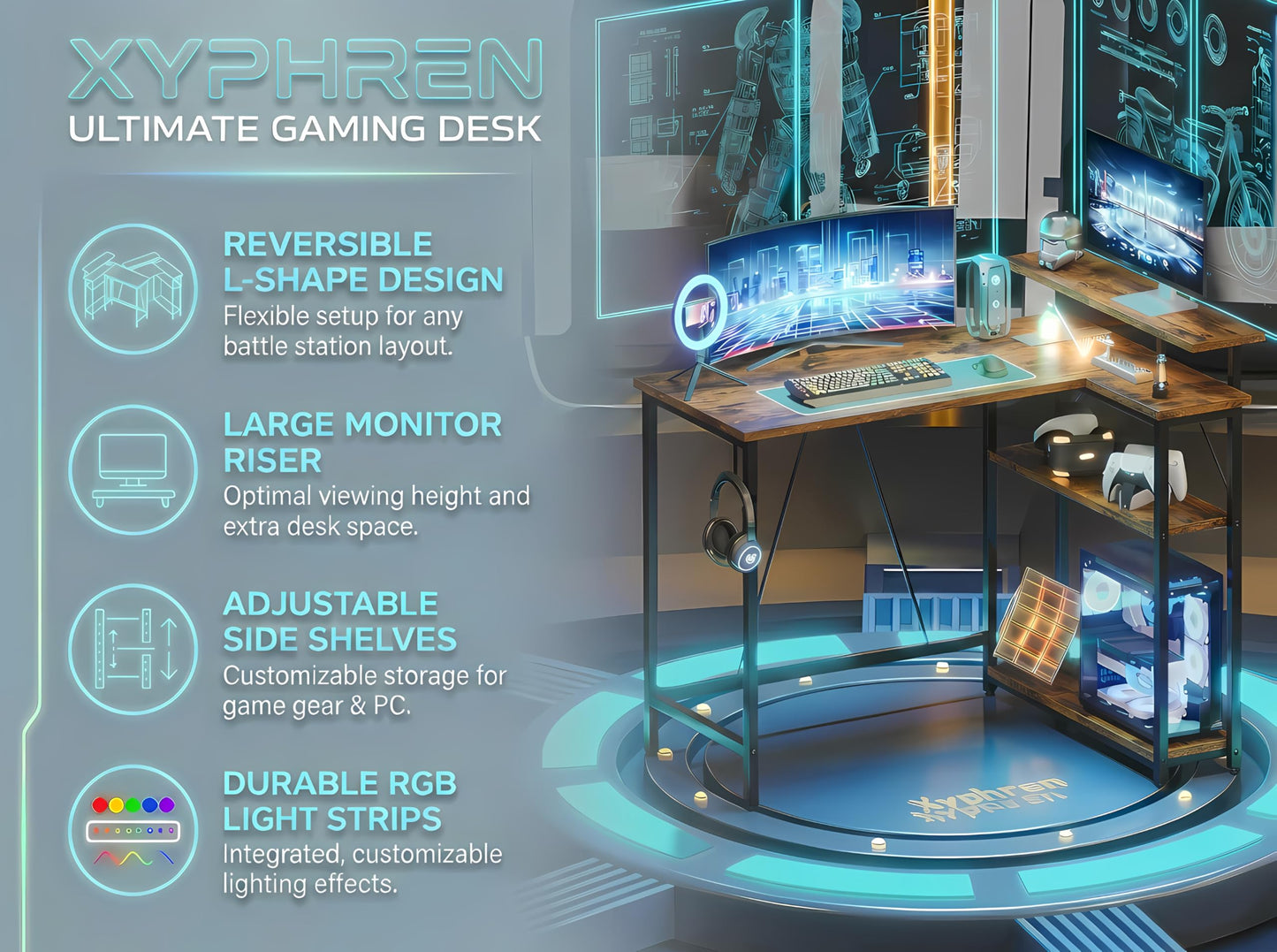 Xyphren L Shaped Gaming Desk with RGB LED Lights & Power Outlets, Small Computer Desk with Adjustable Shelves