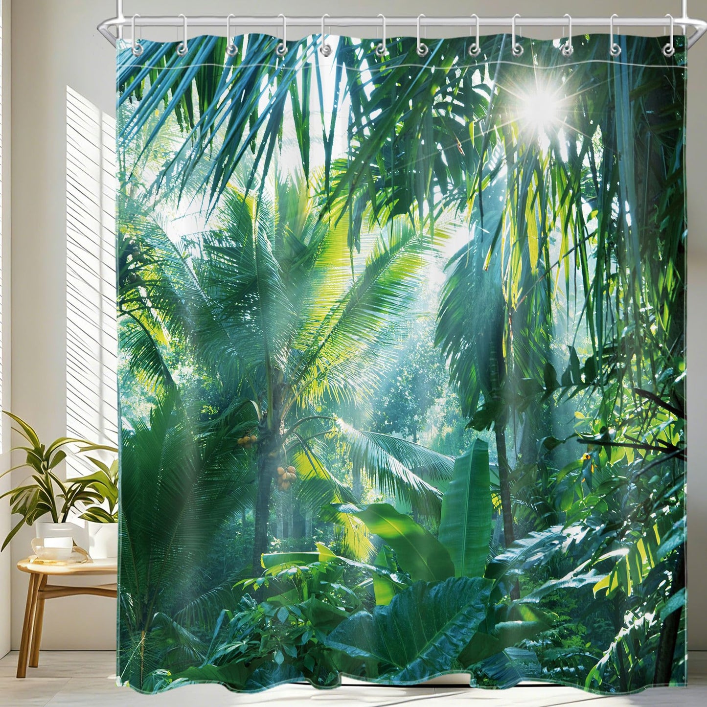 LB 71X71 inch Shower Curtain Green Banana Leaves in Jungle Waterproof Anti-mold Polyester Fabric Bathroom Curtains with 12pcs Hooks,Tropical Forest