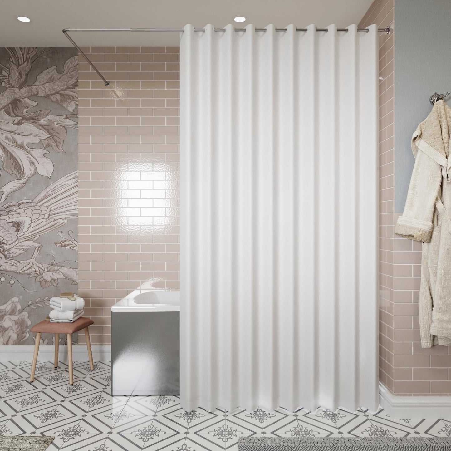 Croydex Hookless Textile White Shower Curtain, No Curtain Rings Required, 1800 x 1800mm (WxL)