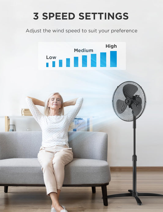 Midea MPF25MBUK 40W Pedestal Fan, 3 Speed Settings, 90° Oscillation, Adjustable Height Stand Fan, Powerful Airflow and Quiet Operation, Ideal For Home & Office, Black