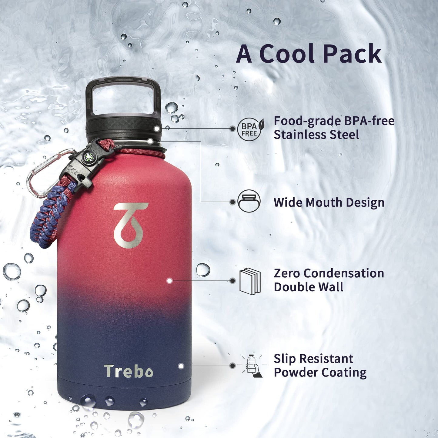 Insulated Water Bottle 2L, Trebo Metal Bottle with Paracord Handle Wide Mouth Double Wall Stainless Steel Large Sports Bottle Keep Cold 48 Hours Water