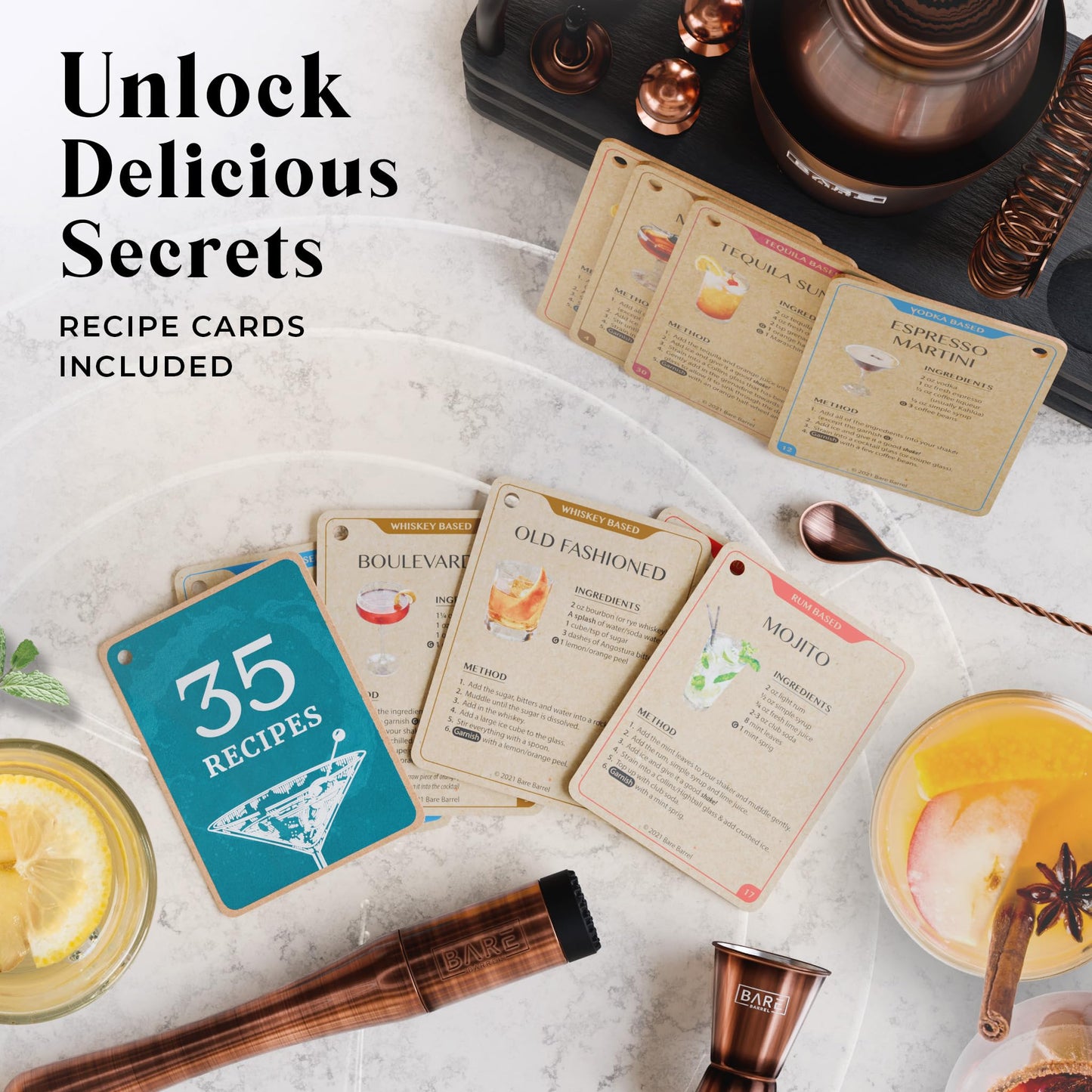 BARE BARREL Cocktail Making Kit | 14-Piece Bartender Kit Cocktail Shaker Set Maker | Display Stand & 35 Recipe Cards | Mixology Cocktail Gift Set