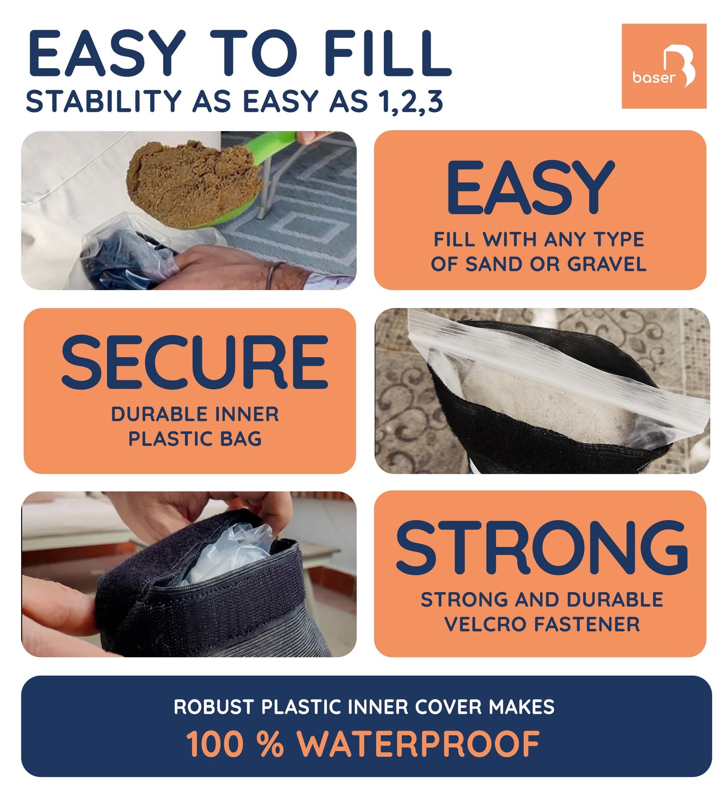 Baser - Outdoor fillable curved sandbags, 2 x 20 KG fillable weight bags for parasols, cantilevers and garden accessories