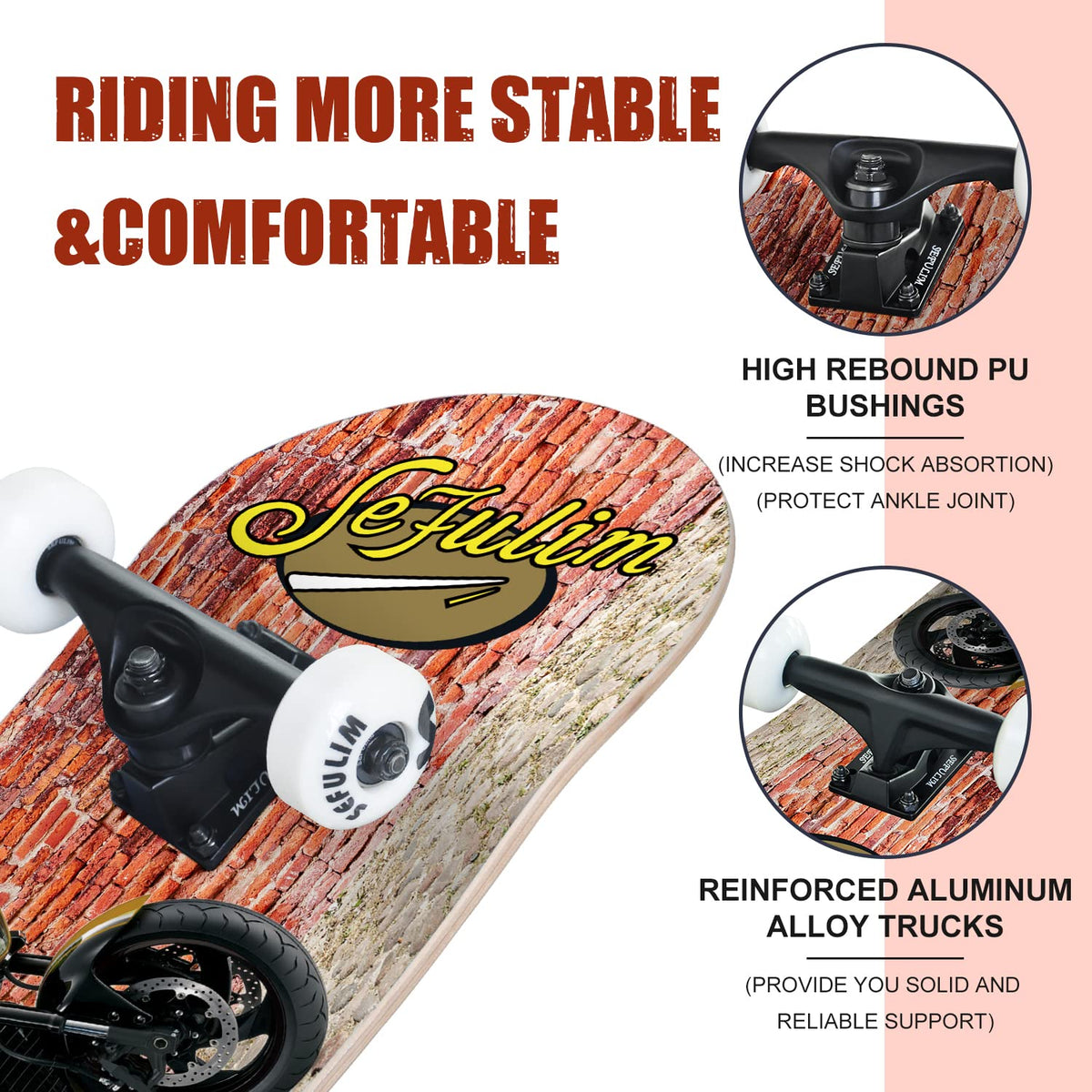 Sefulim 31 x 8 Inch Complete Skateboard 7 Layer Canadian Maple Double Kick Deck Skateboard for Boys Girls Teens Adults Beginner