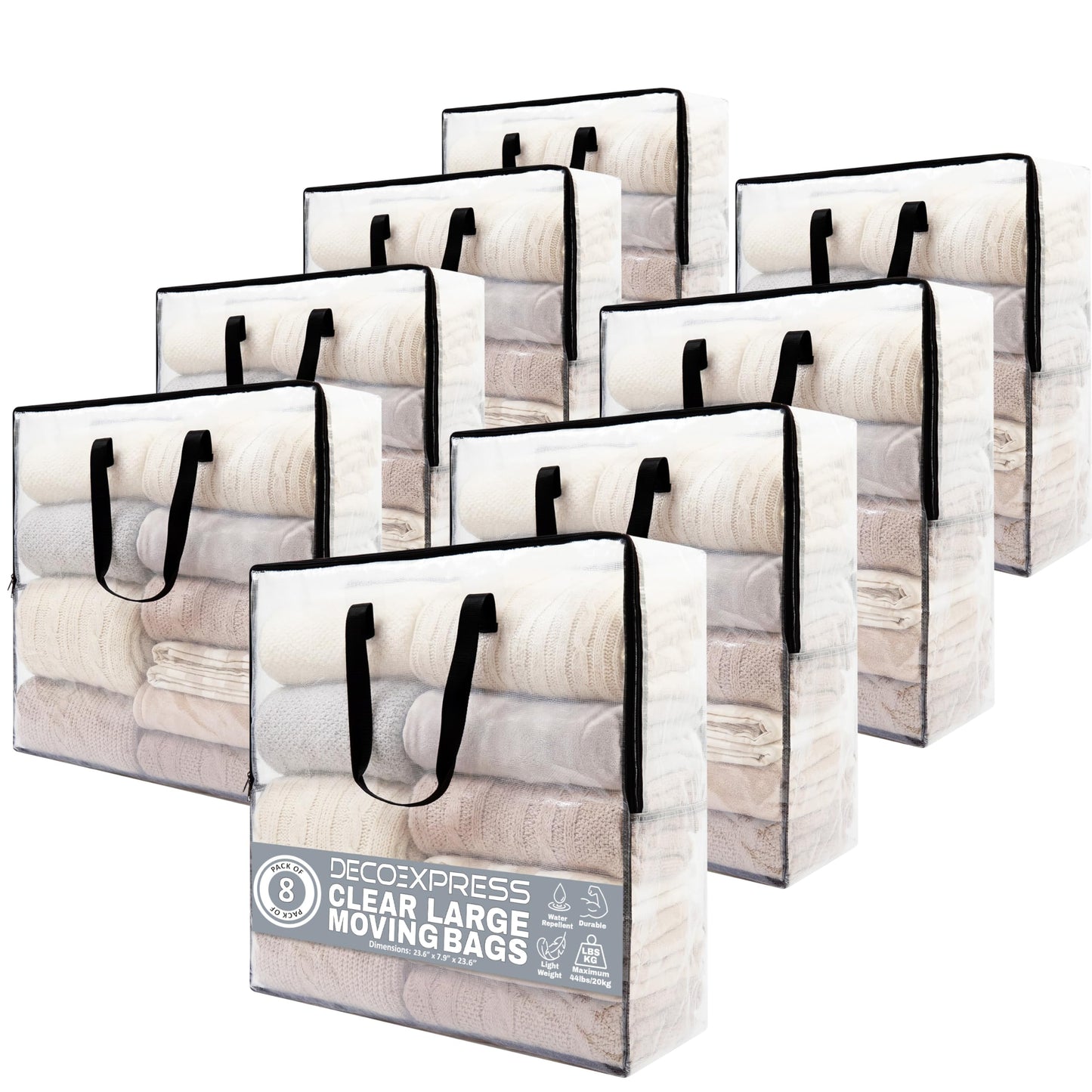 DECO EXPRESS Clear Storage & Moving Bags 72L, Pack of 8, Heavy duty & Waterproof Large Clothes Storage Bags with Zips for Duvet, Bedding & Laundry