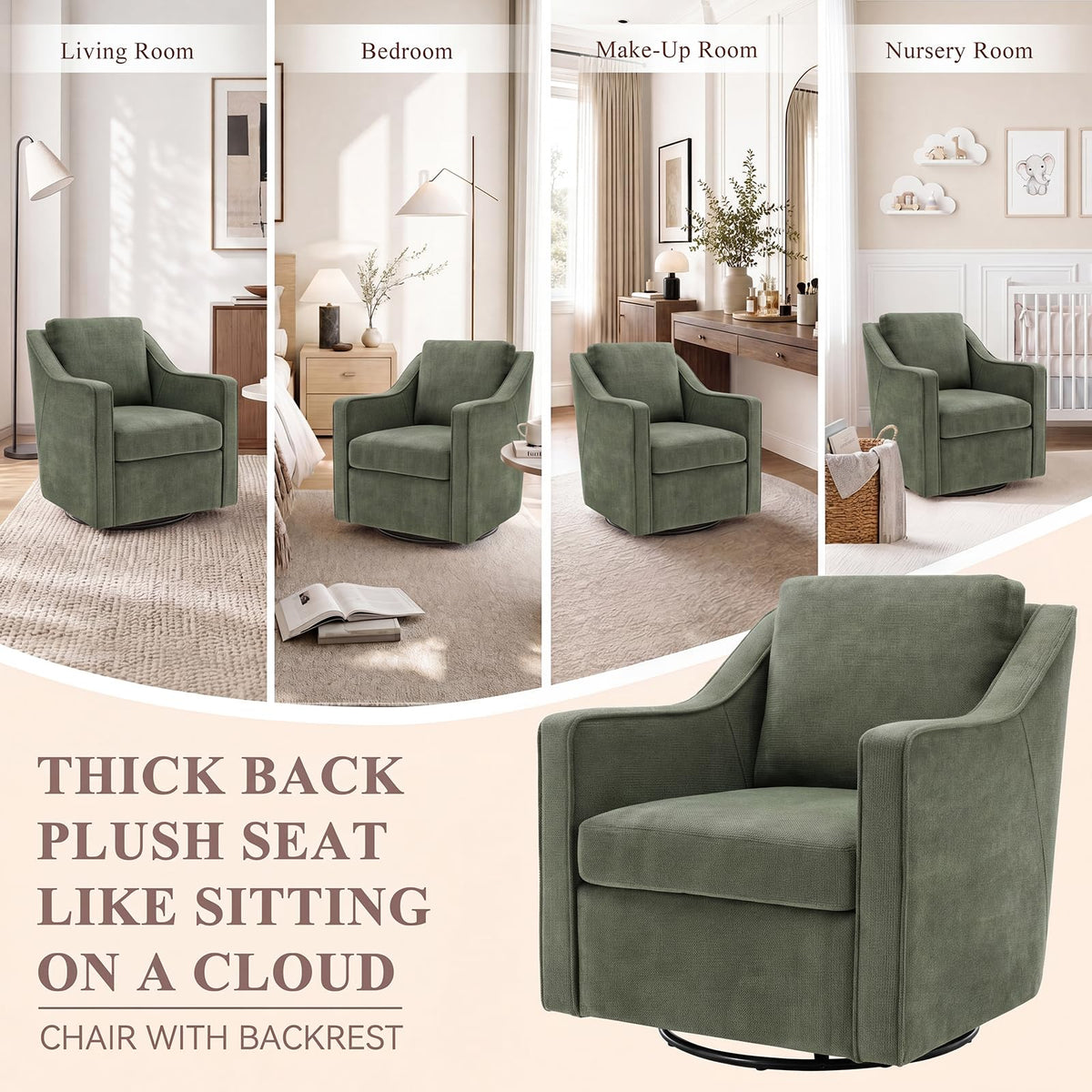 Swivel Armchair for Living Room, 360° Rotating Living Room Chair, Linen Fabric Accent Chair with Removable Seat Cushion & Pillow