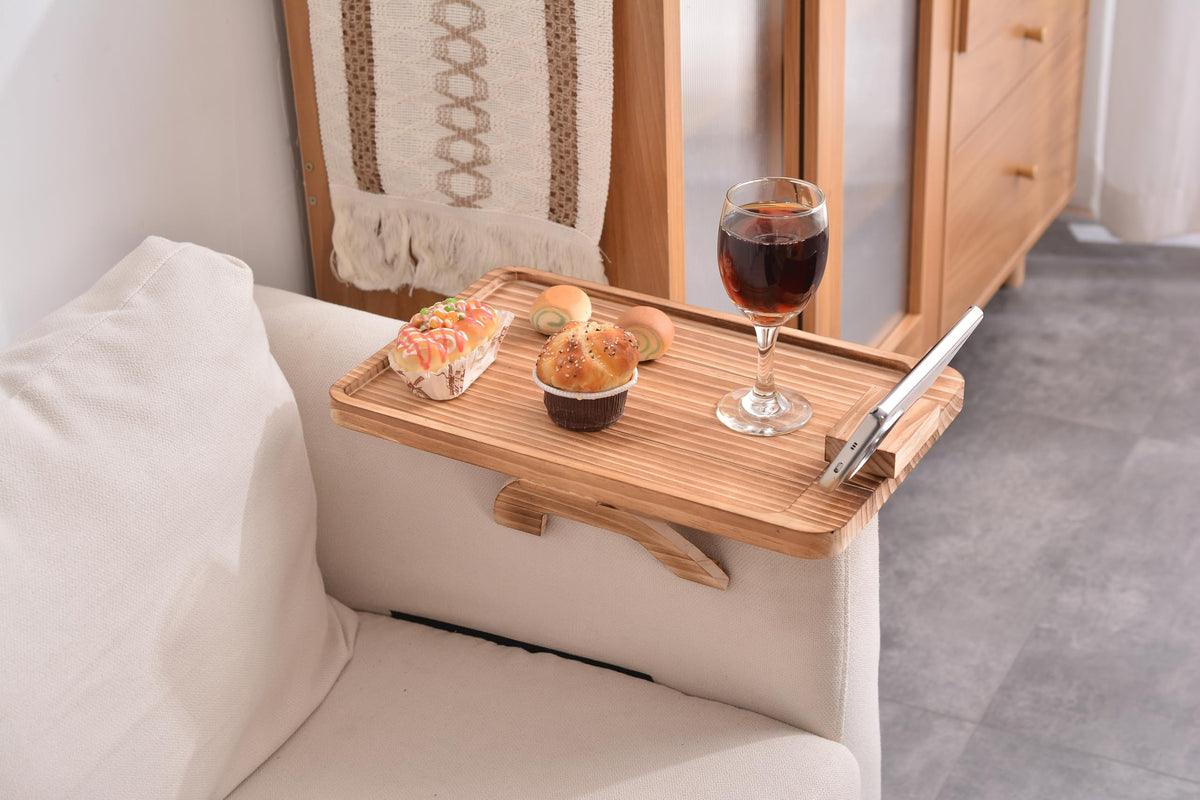 Uwenkjie Pine Wood Rotating Armrest Tray - Foldable Rectangular Sofa Armrest Table, Clamped On, Burnt Color