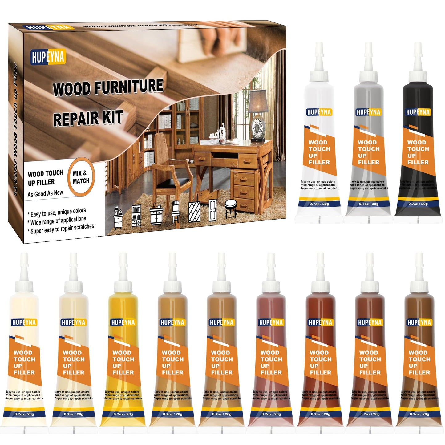 Hupeyna Wood Furniture Repair Kit, 12 Colours Wood Repair Kit, Wood Touch up Fillers, Repair Scratch, Cracks, Discoloration for Wooden Cabinet, Floor,