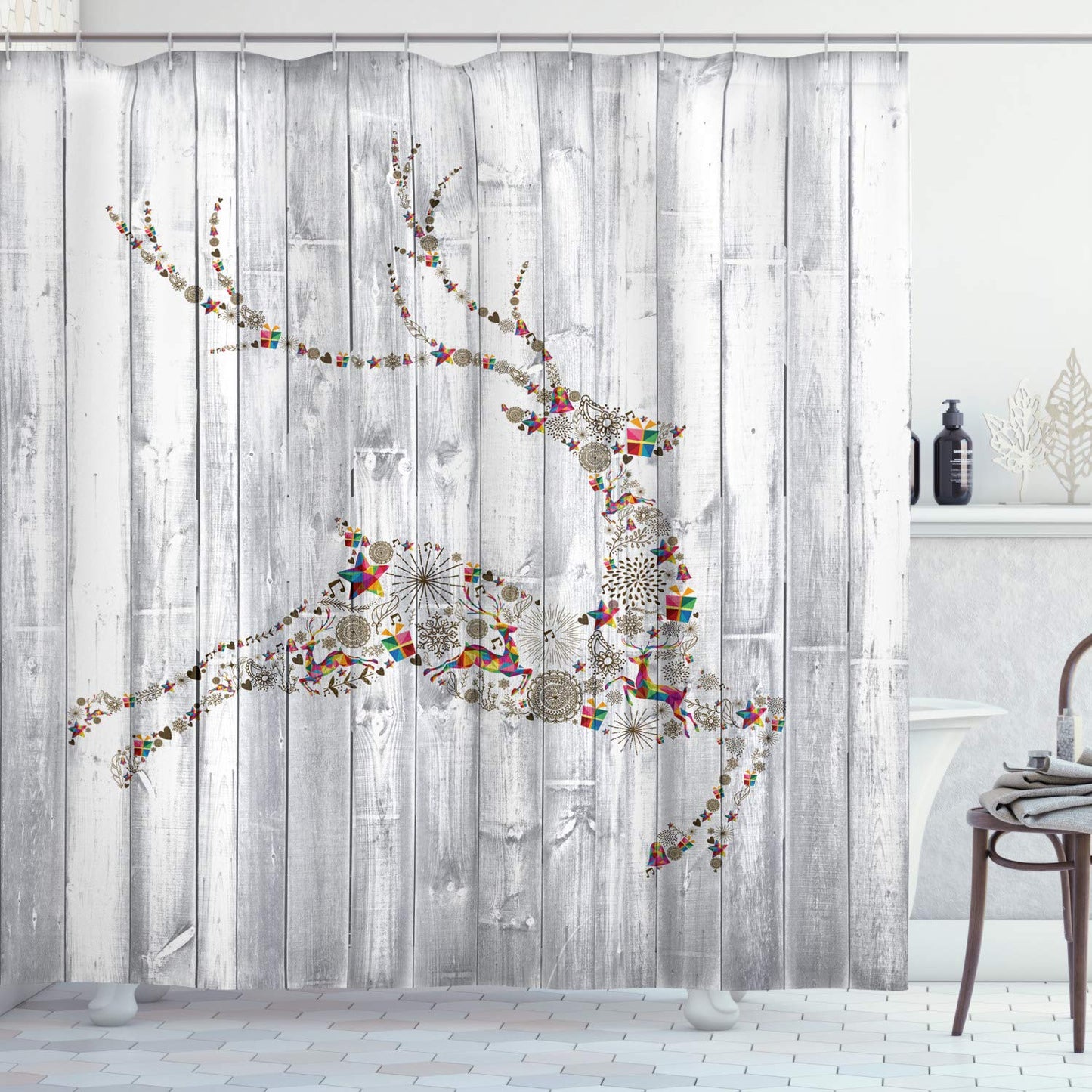 ABAKUHAUS Deer Shower Curtain, Colorful Animal Silhouette Various Christmas Elements Wooden Planks Theme, Cloth Fabric Bathroom Decor Set with Hooks,