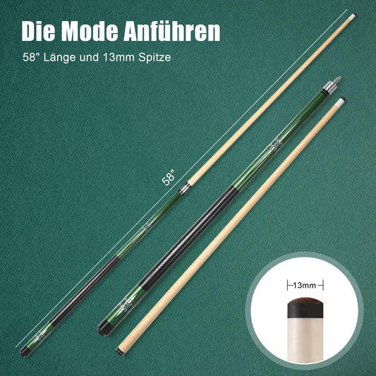 ASMPCUE Pool Cue 58 Inch Billiard Cue Hardwood Pool Cue 13 mm Tips for Professional Billiard Players, 1/2 Cue Sticks for Billiard Table Sports, Green