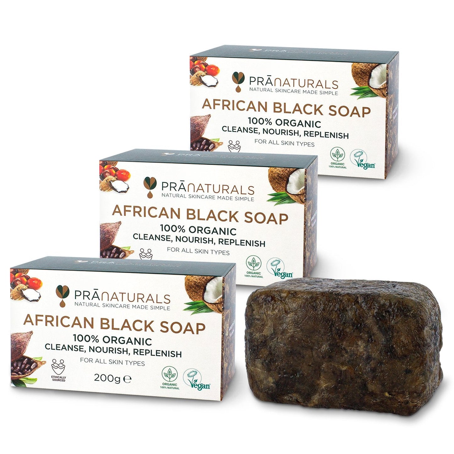 PraNaturals 100% Organic Raw African Black Soap 3x 200g, Ethically Sourced and Handcrafted in Ghana, For All Skin Types, Detoxifying and Anti-Ageing