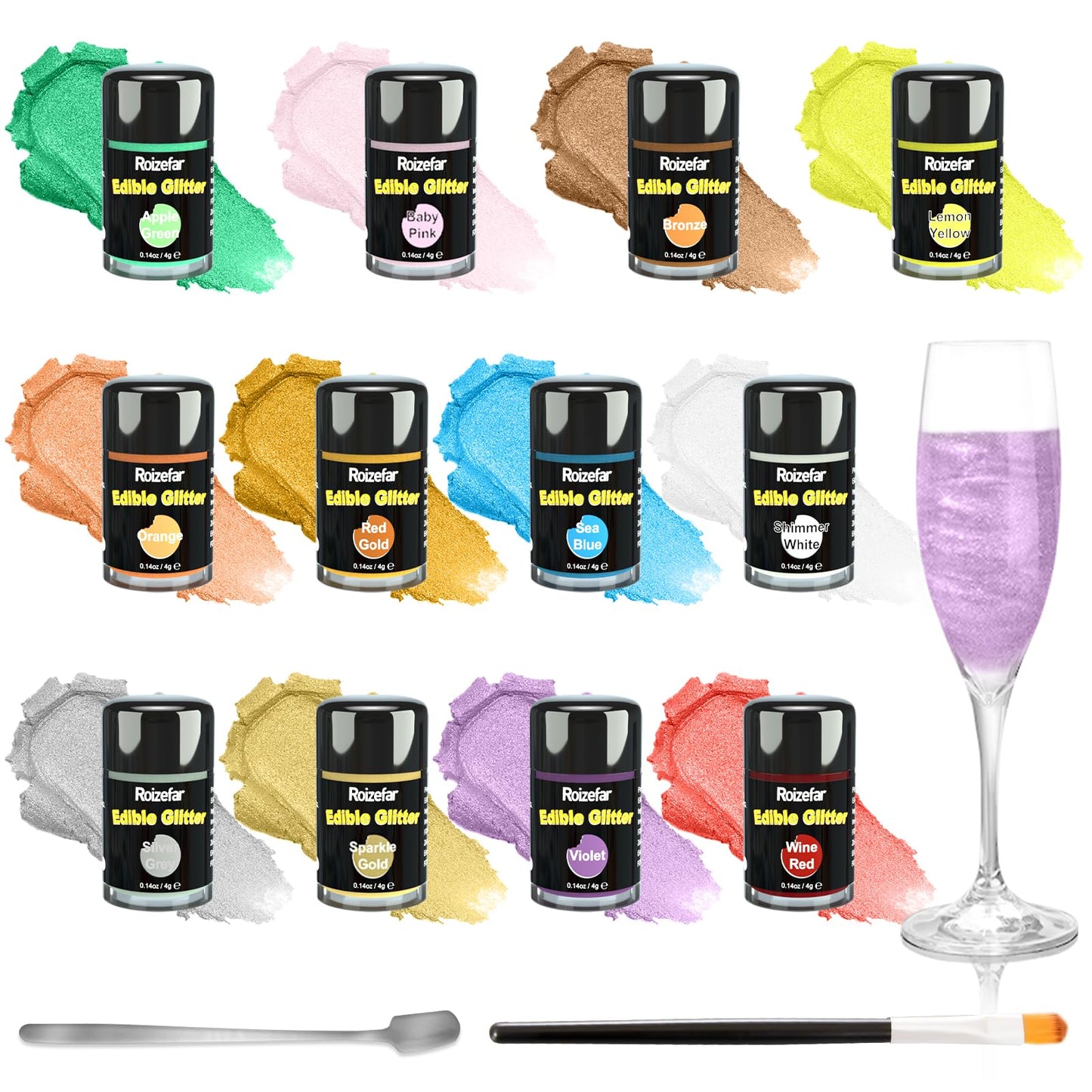 Roizefar Edible Glitter, 12 Colours x 4g Edible Glitter for Drinks, Vegan Edible Cake Decorations, Flavorless Food Colouring Powder for Cakes,