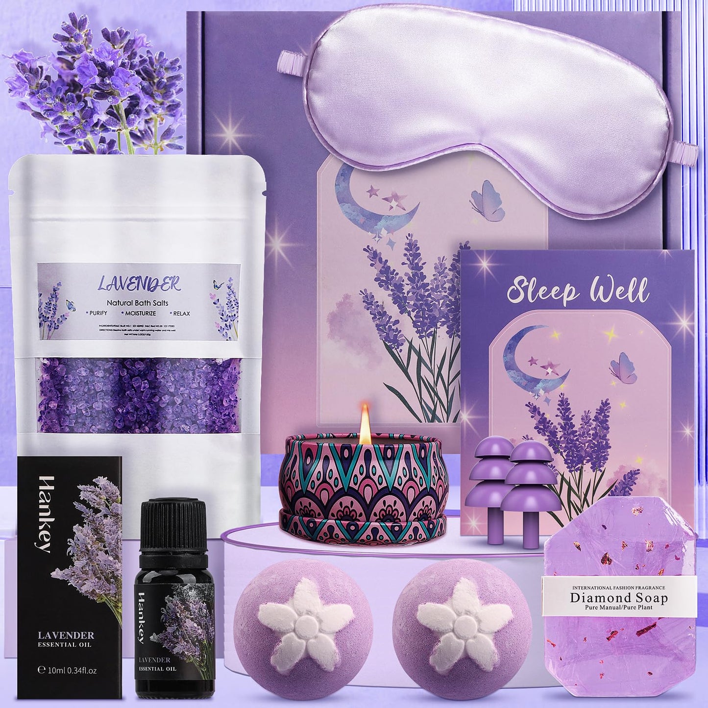 Lavender Pamper Gifts for Women, Bath Self Care Set, Effectively aids sleep , Relax Get Well Soon Gifts for Women, Ideas for Best Friends, Mum,