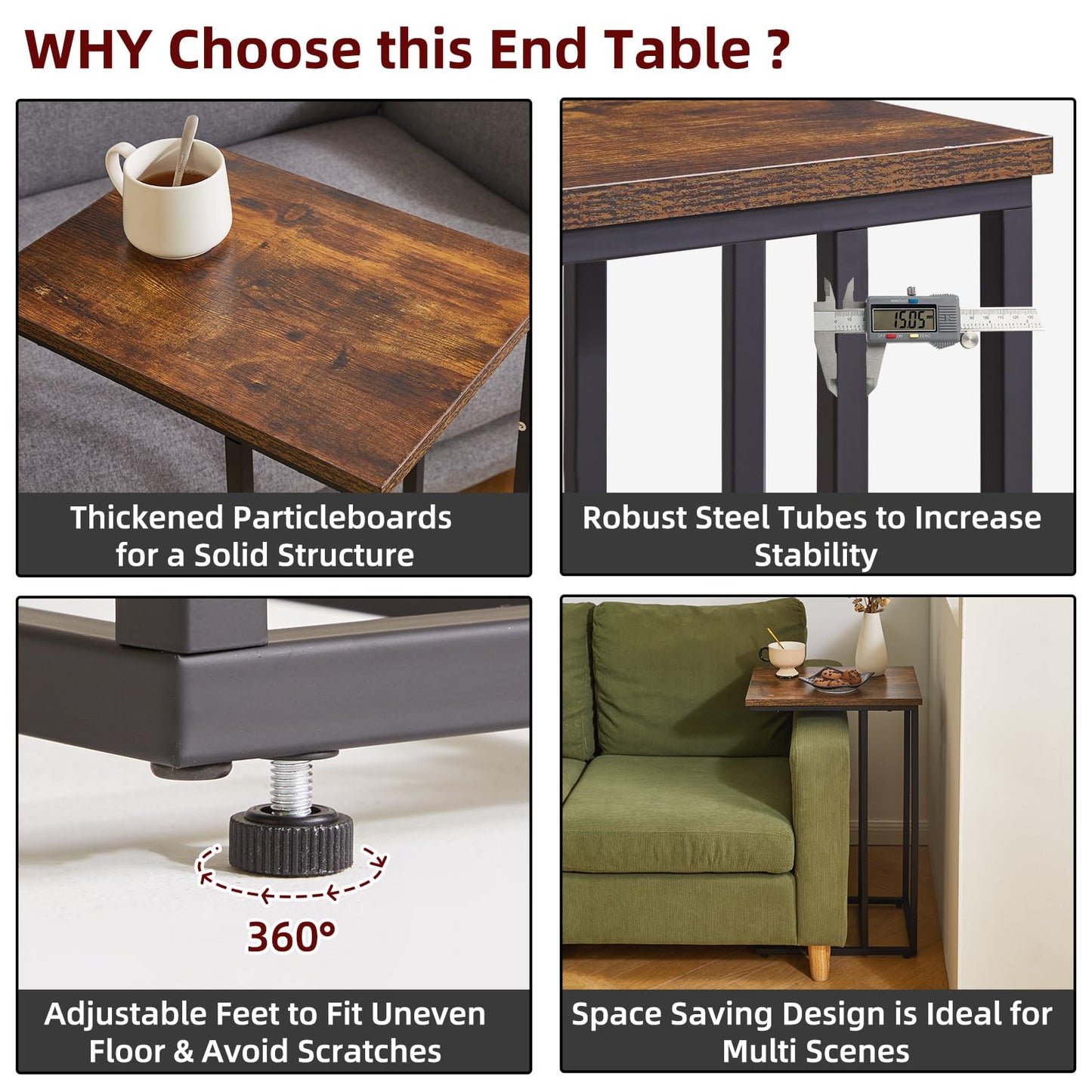 Aibiju C Shaped Side Table, Slide and Sofa Table, Coffee Table with Steel Frame for Living Room, Bedroom, Small Spaces
