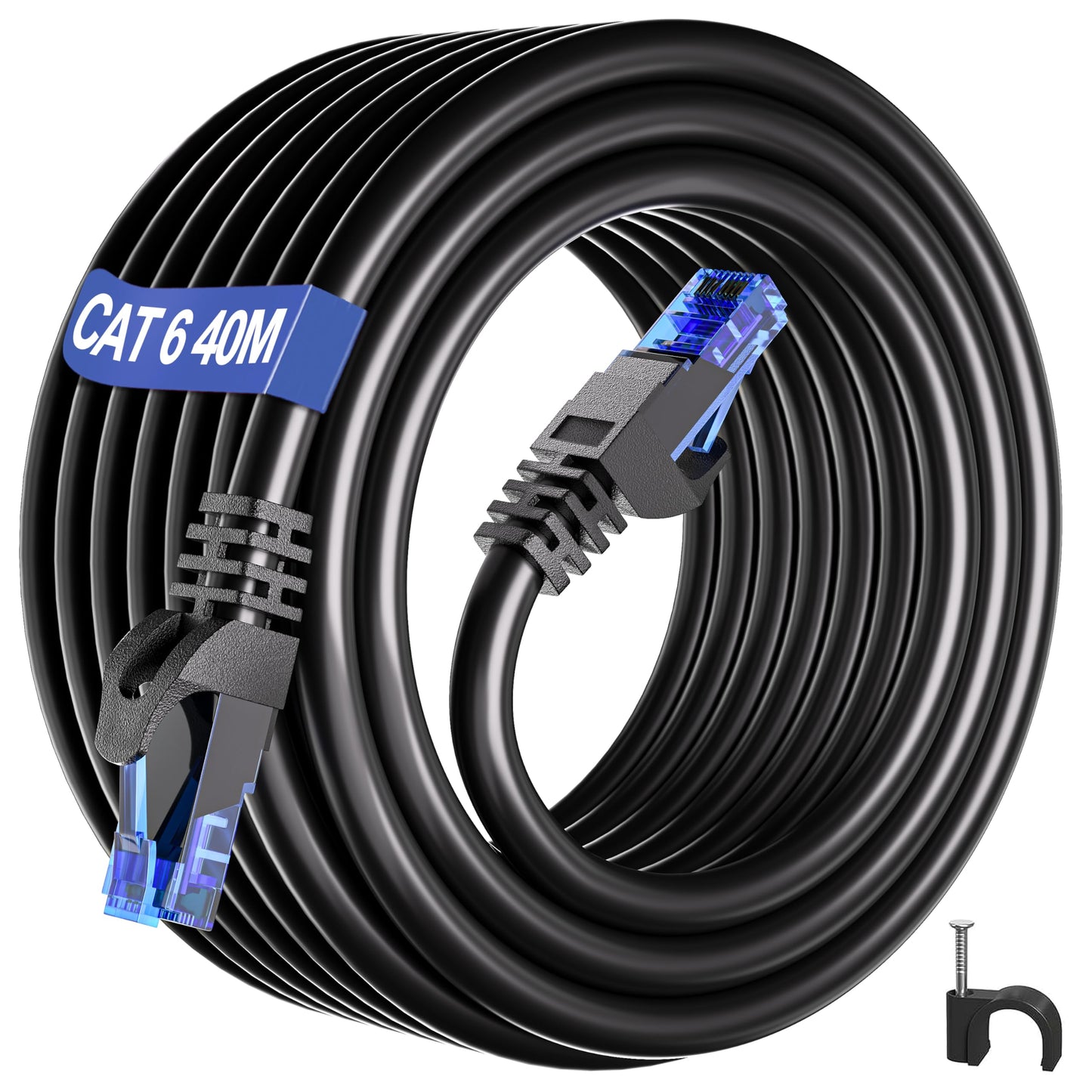 Ethernet Cable 40m Outdoor Indoor, Long Internet Cable 40m Cat 6 High Speed, UTP 23AWG RJ45 Network Cable 250MHz 1000Mbps, Black LAN Cable CCA
