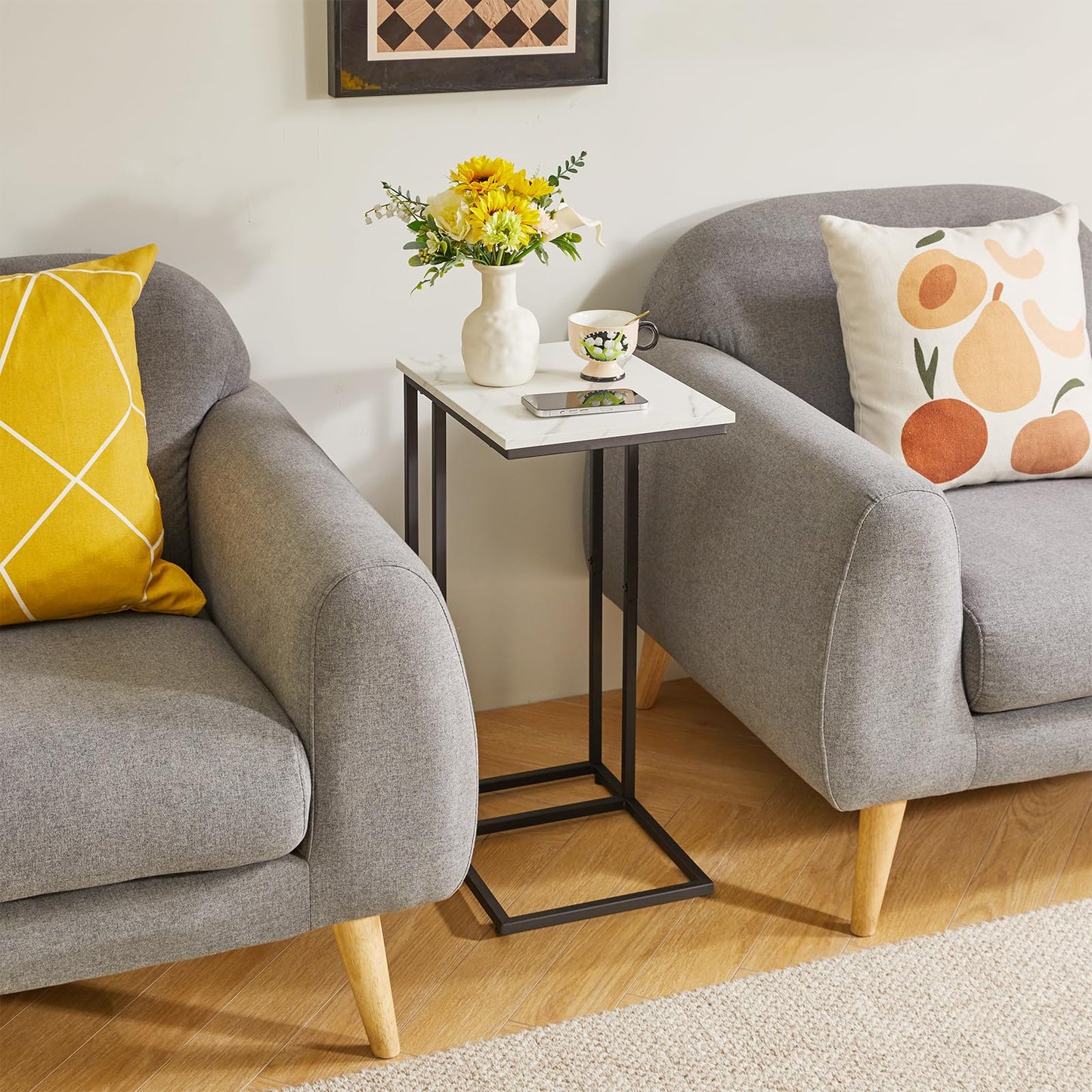 Aibiju Set of 2 C Shaped End Table for Sofa, Bedside Table, Couch Table with Metal Frame for living Room, Bedroom, Balcony, White Faux Marble and