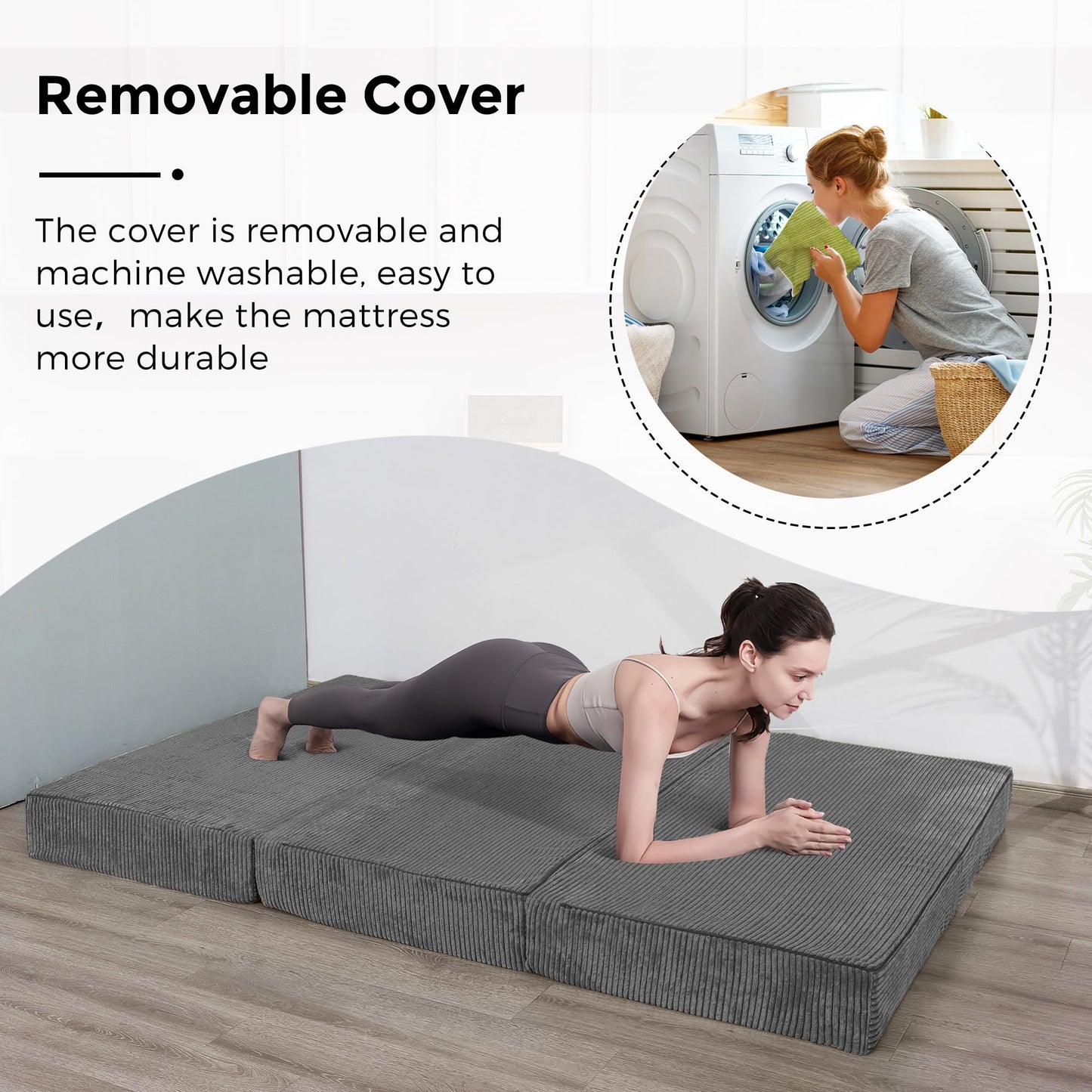MAXYOYO Folding Corduroy Mattress, Tri Fold Floor Mattress 10cm thick with Washable Cover,Foldable in Three,Space-Saving for Guest (Charcoal, King)
