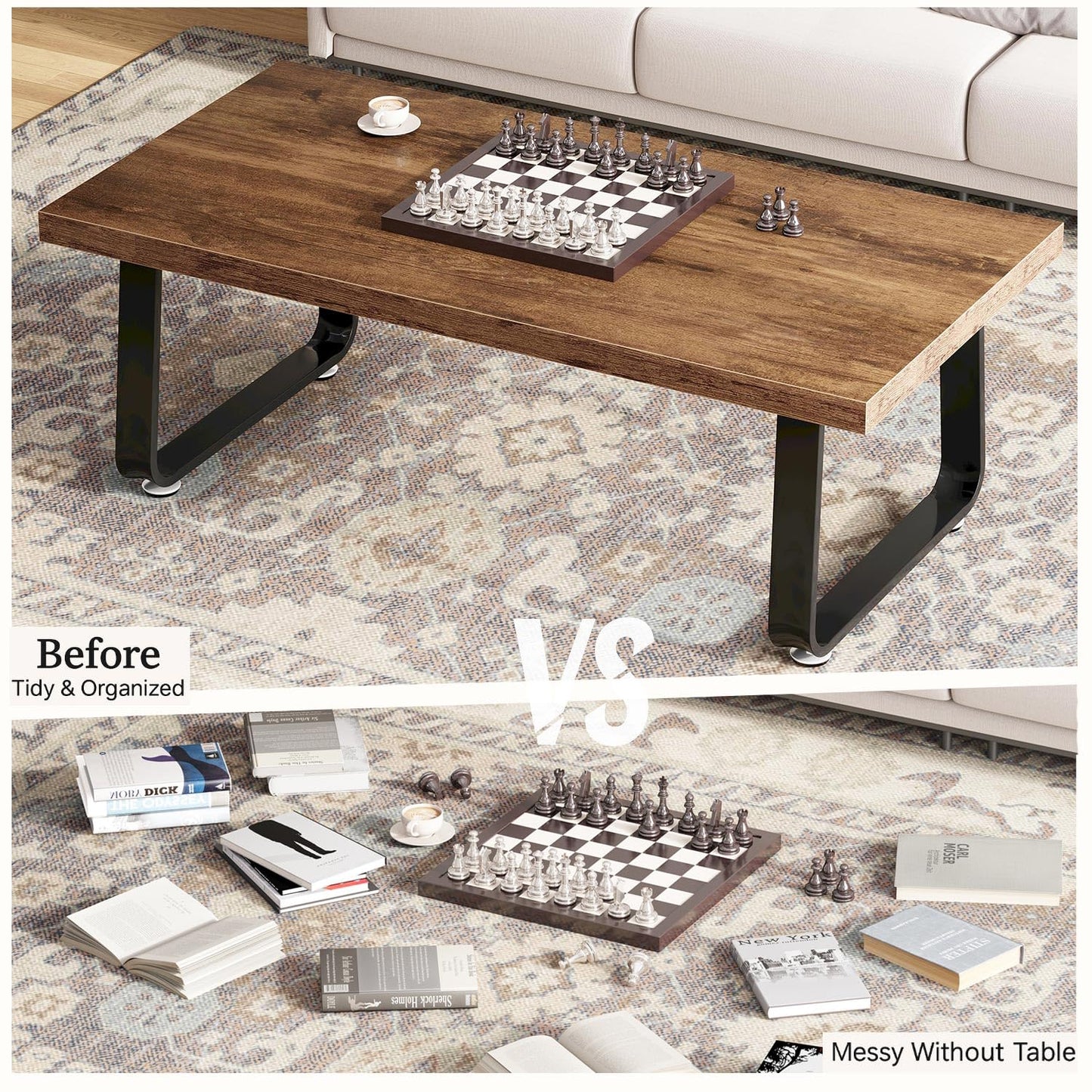 HSH Rustic Brown Coffee Table, 60D×120W×46.5H cm, Rustic Industrial Wooden Coffee Table for Living Room Bedroom Office