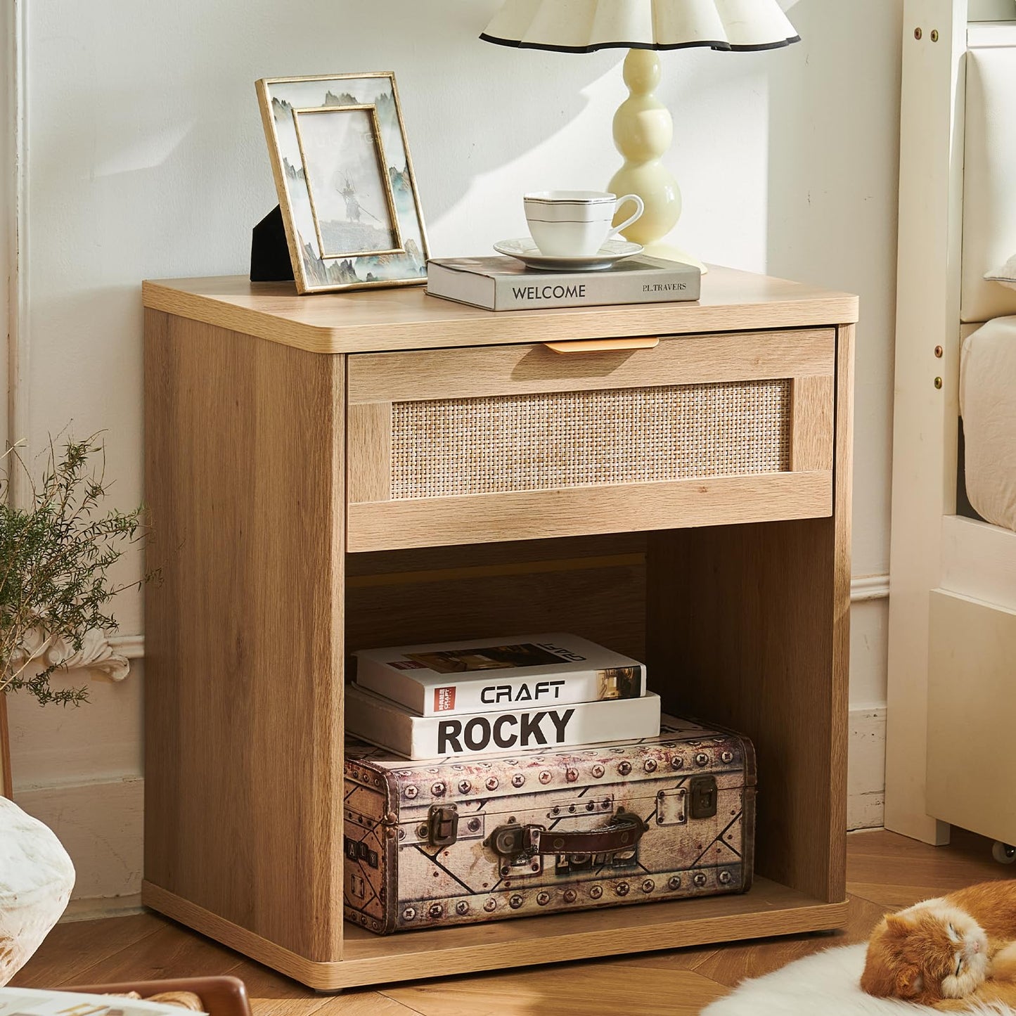 LELELINKY 23" Wide Rattan Nightstand,Boho Night Stand with Drawer, Natural Wood Bedside Table Open Storage Cabinet, Bed Side End Tables Dresser for