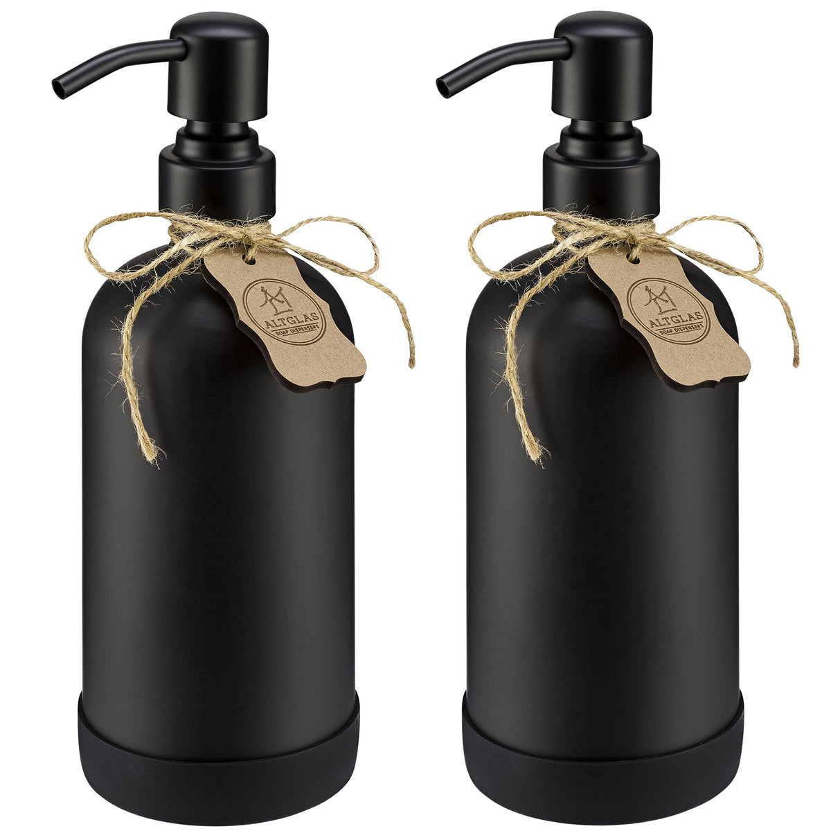 ALTGLAS Refillable Glass Soap Dispenser 'Sarajevo' from Black Bottle with Stainless Steel Pump and Silicone Coaster (500ml, Set of 2)