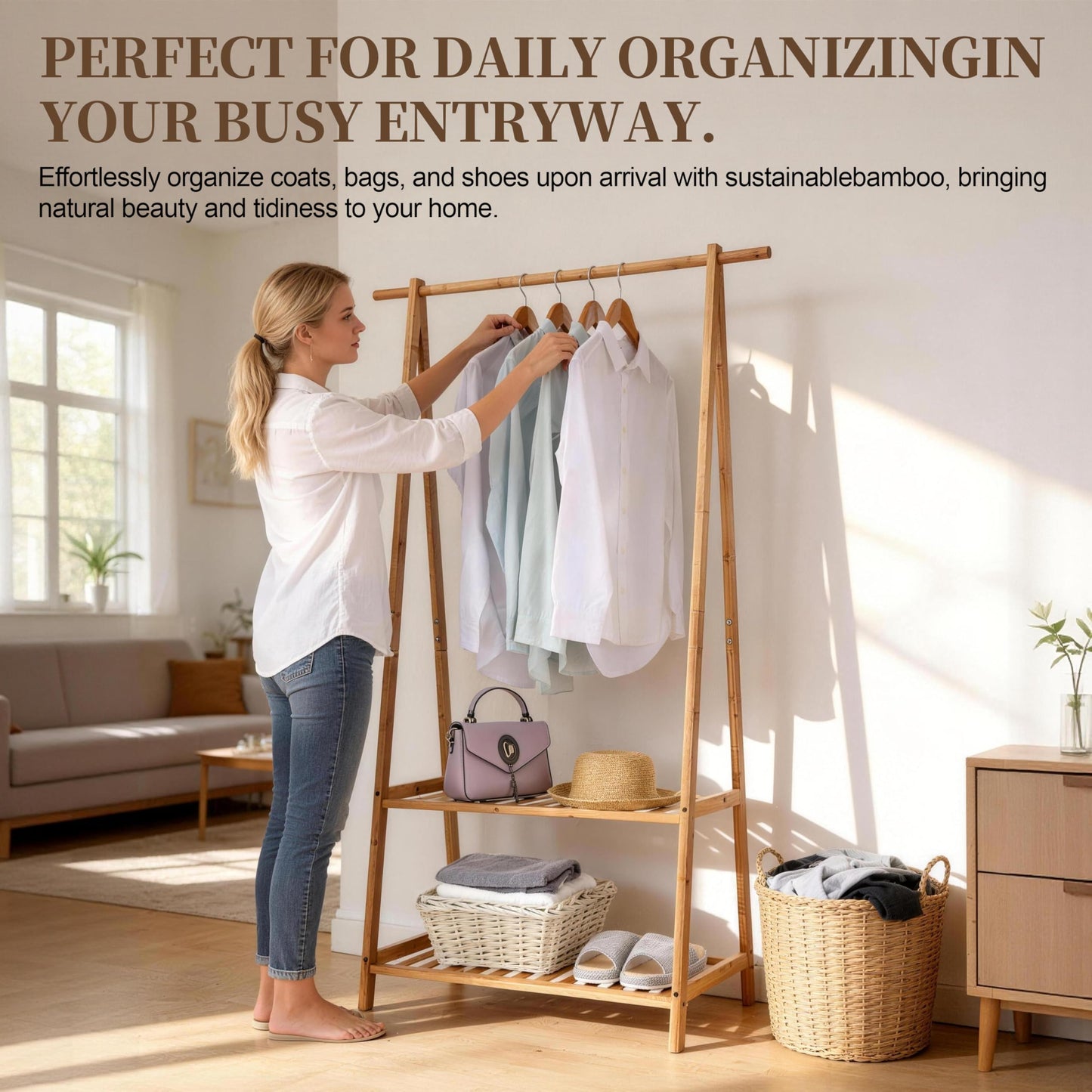 Finnhomy Bamboo Clothes Rack Portable Extra Large Garment Rack 2-Tire Storage Box Shelves for Entryway and Bed Room