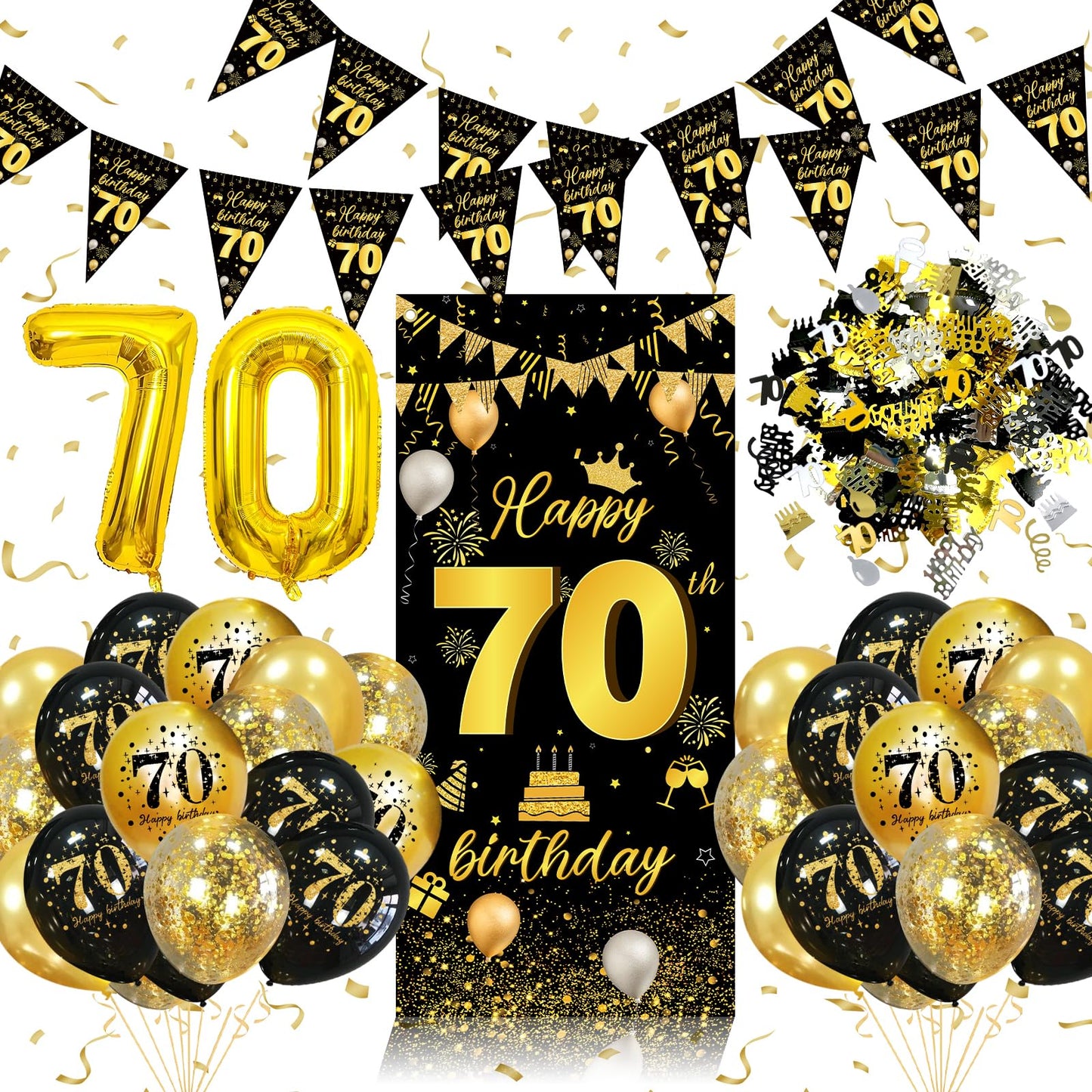 70th Birthday Decorations for Men Women, 70th Birthday Balloons Black Gold with 70 Balloons, Triangle Flag Banner, Banner | 70 Year Old Party Supplies
