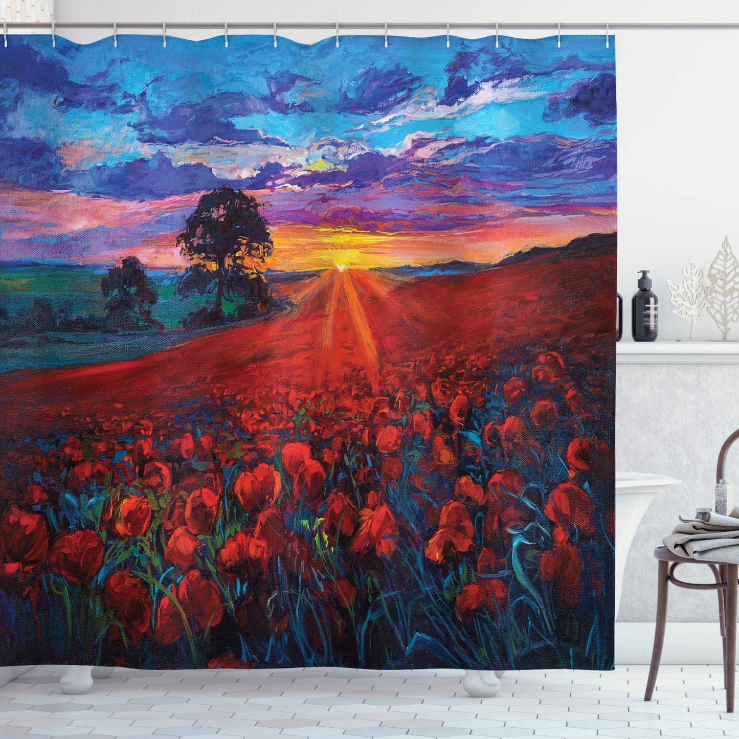 ABAKUHAUS Country Shower Curtain, Scenery of Poppy Flower Garden on Valley with Horizon Fairy Clouds at Sunset Paint, Cloth Fabric Bathroom Decor Set