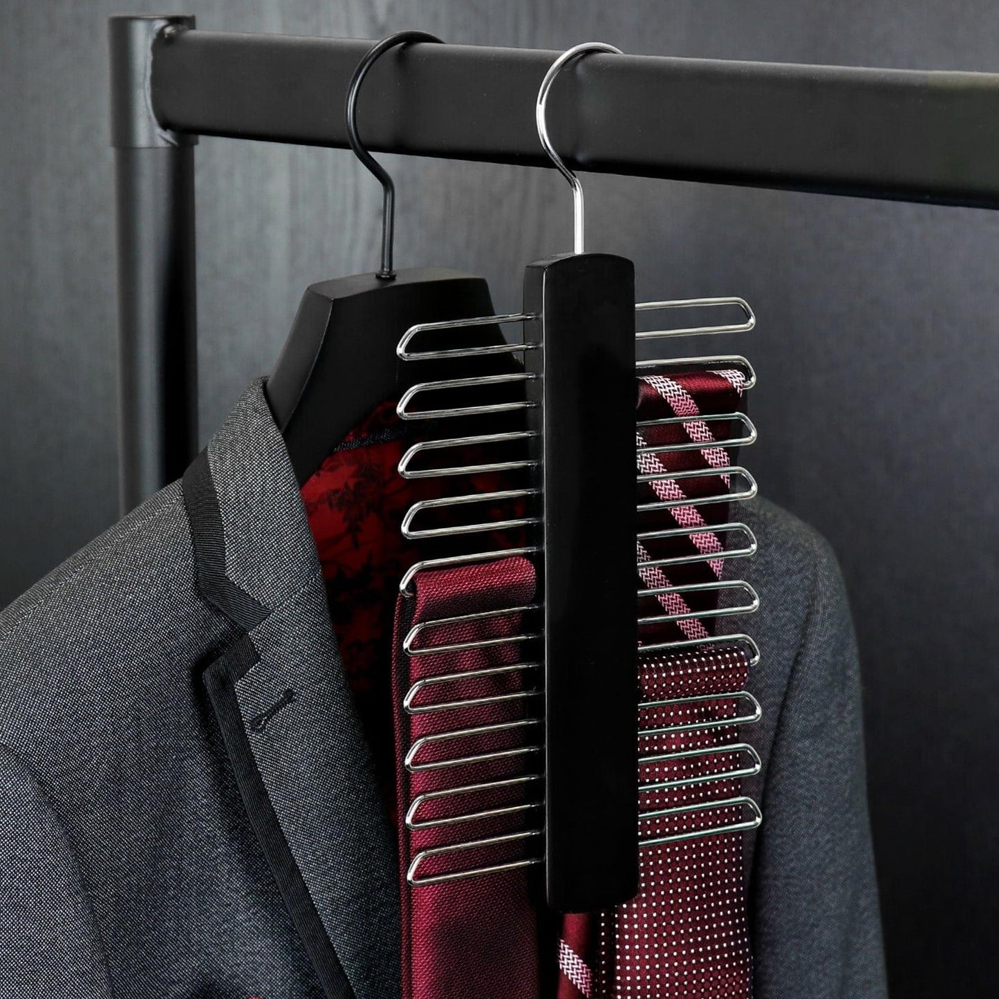Tie Hanger Wooden Hangers Wardrobe Tie Organiser - Stylish Hanging Storage Rack With 20 Chrome Bars With Swivel Hook for Tie, Belt