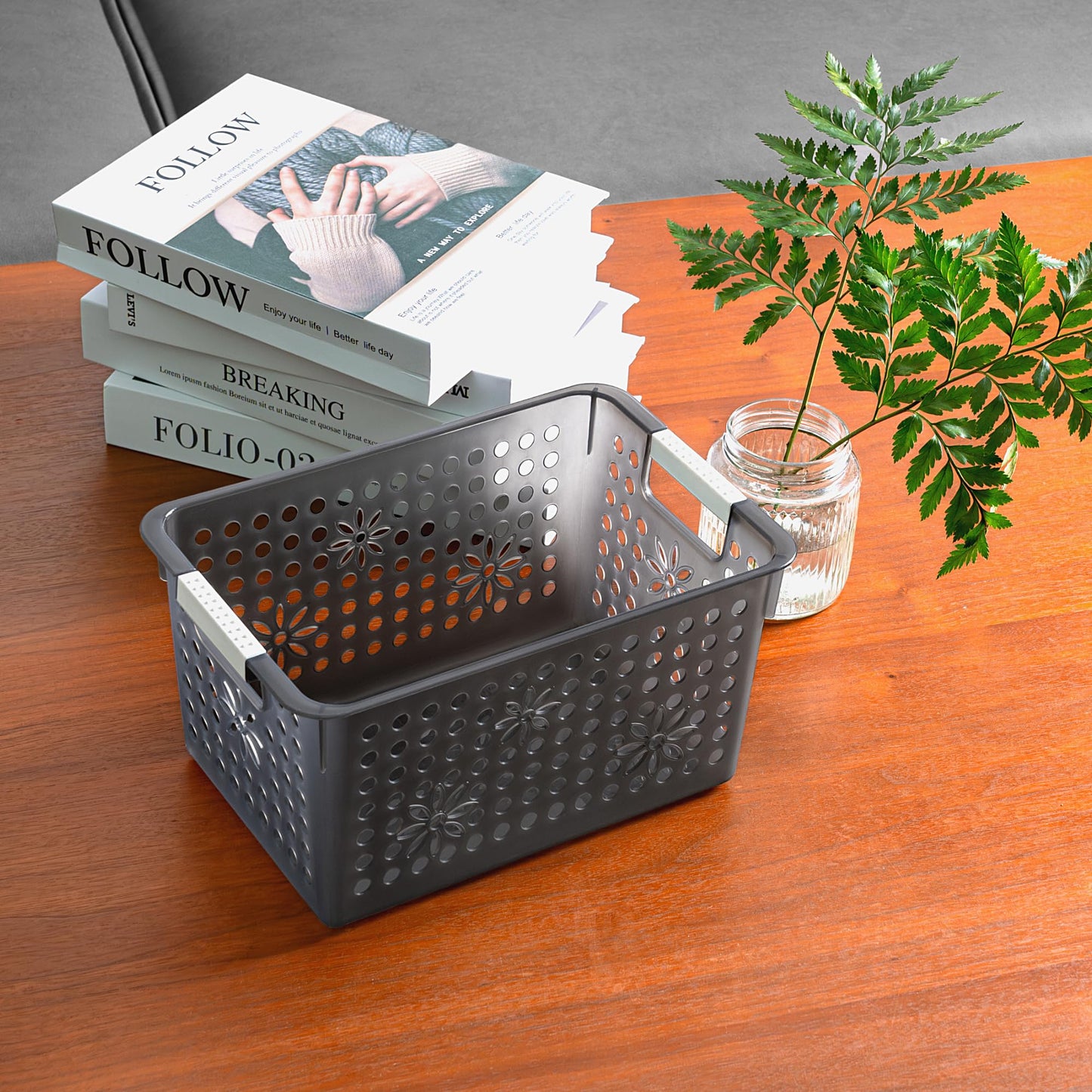 Cetomo Plastic Storage Box, Storage Baskets with Handle, Shelf Basket Organizer with Hole, Open Top Storage Bin for Home Kitchen Office, Clear Black