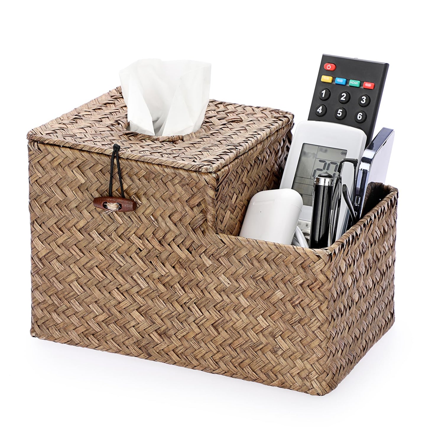 IGNPION Woven Square Tissue Holder Seagrass Facial Tissue Box Cover Decorative Tissue Storage Case Household Cube Tissue Organizer Box with Remote